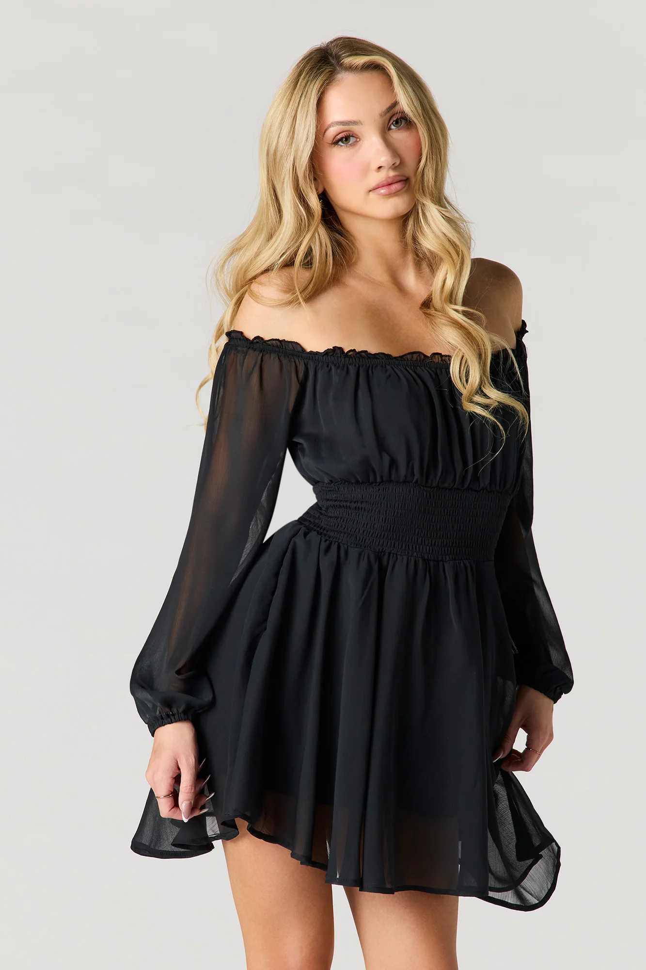 Chiffon Off Shoulder Long Sleeve Mini Dress - Image 5
