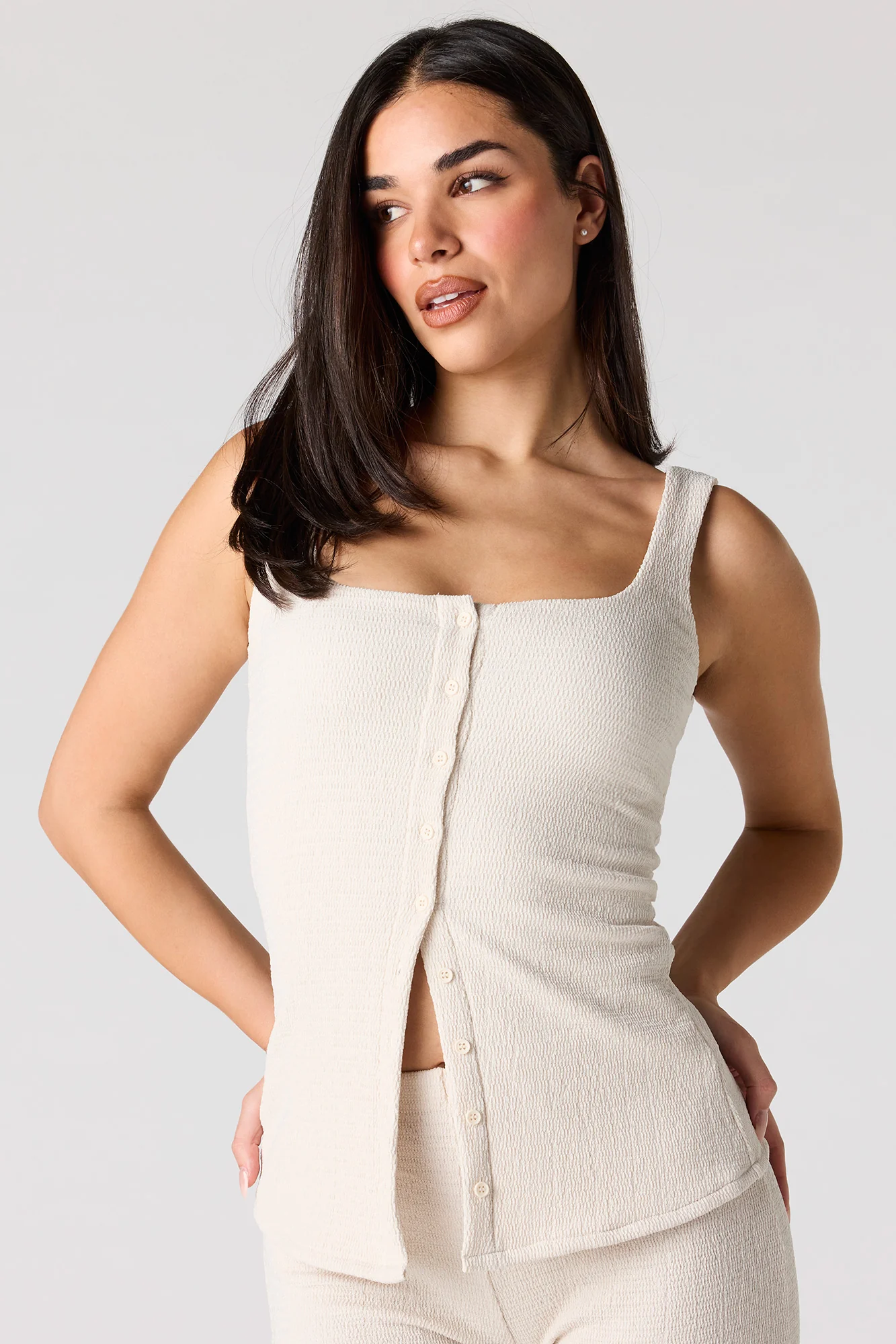 Textured Square Neck Button Front Tank