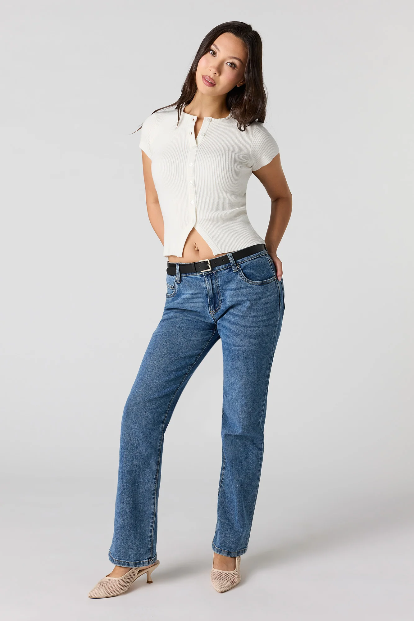 Ribbed Knit Button-Up Short Sleeve Top - Image 10