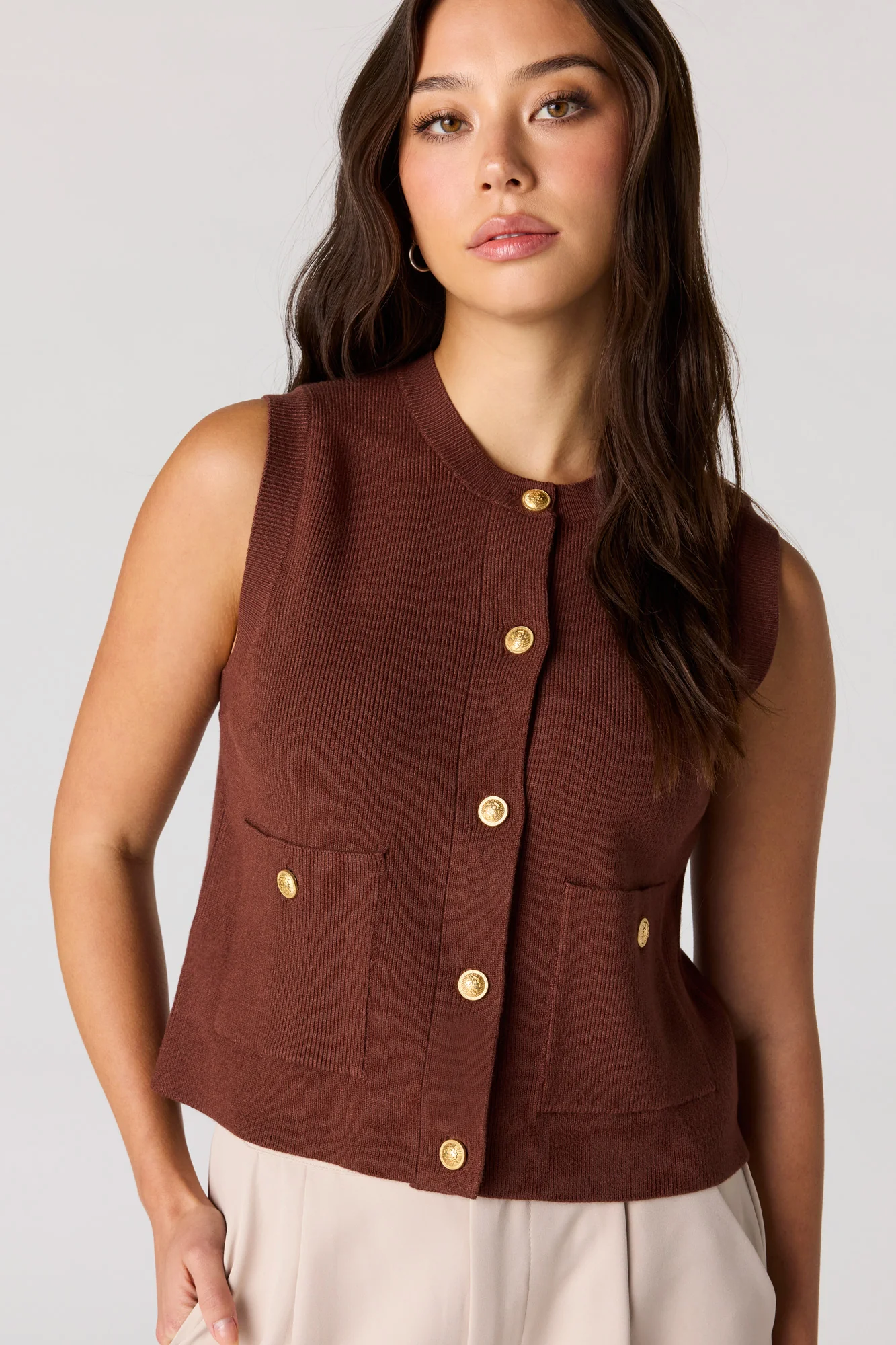 Ribbed Knit Button Front Vest Top