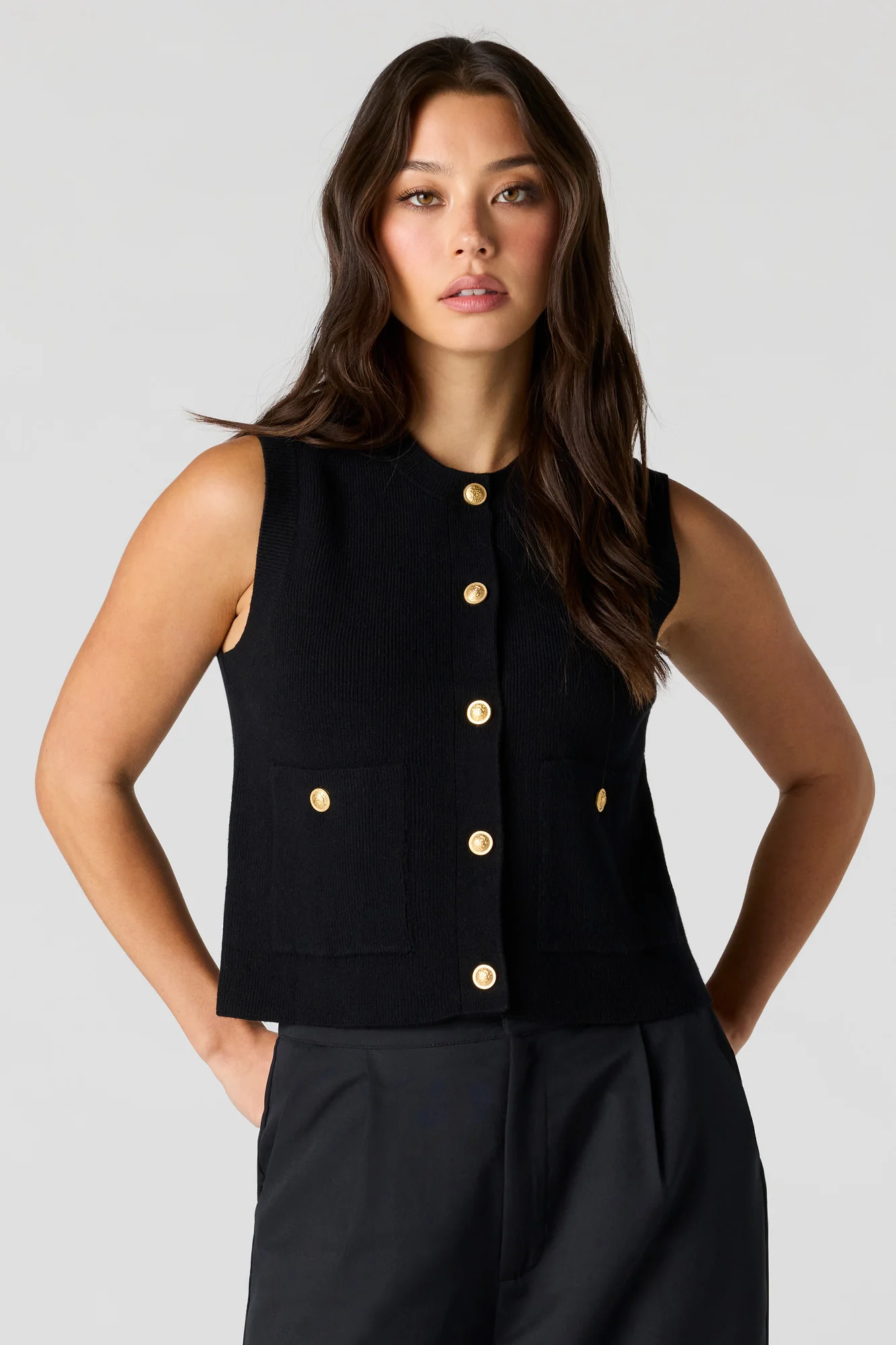 Ribbed Knit Button Front Vest Top - Image 4
