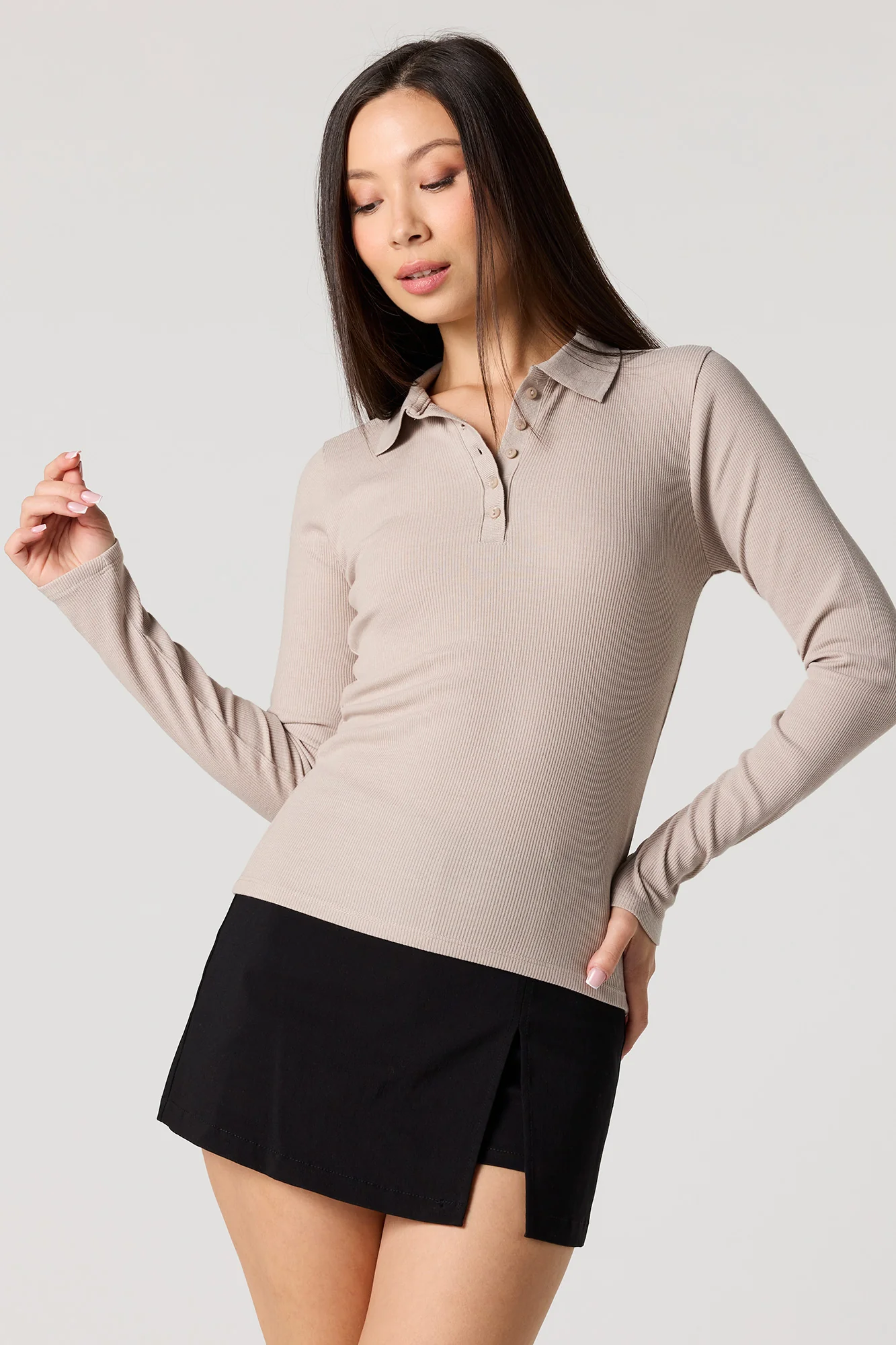 Ribbed Collared Long Sleeve Top