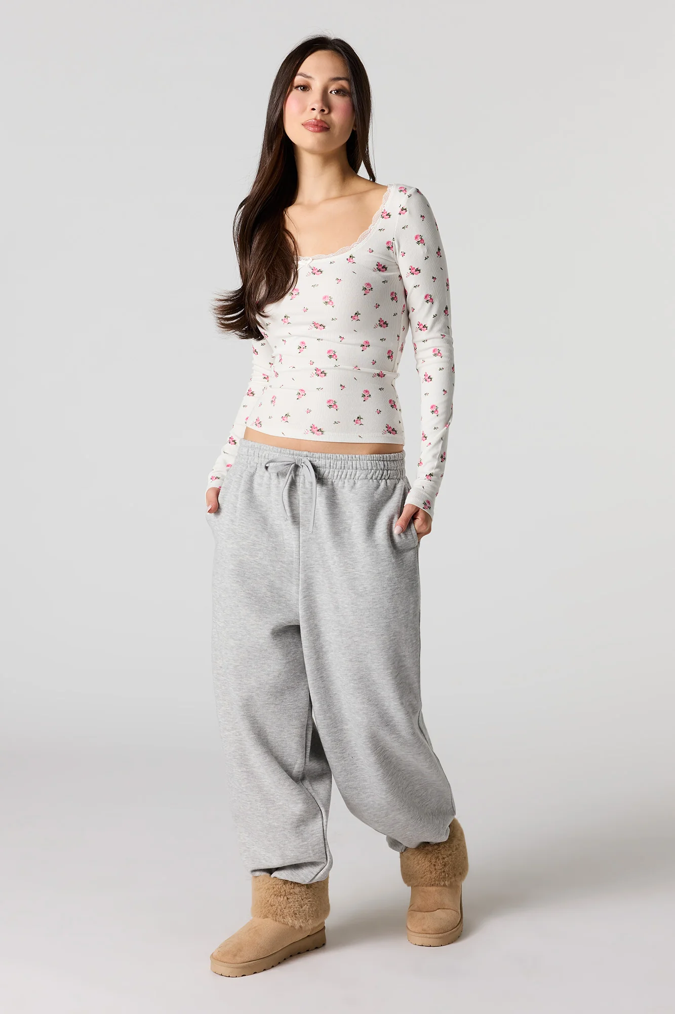 Ribbed Lace Scoop Neck Long Sleeve Top - Image 3