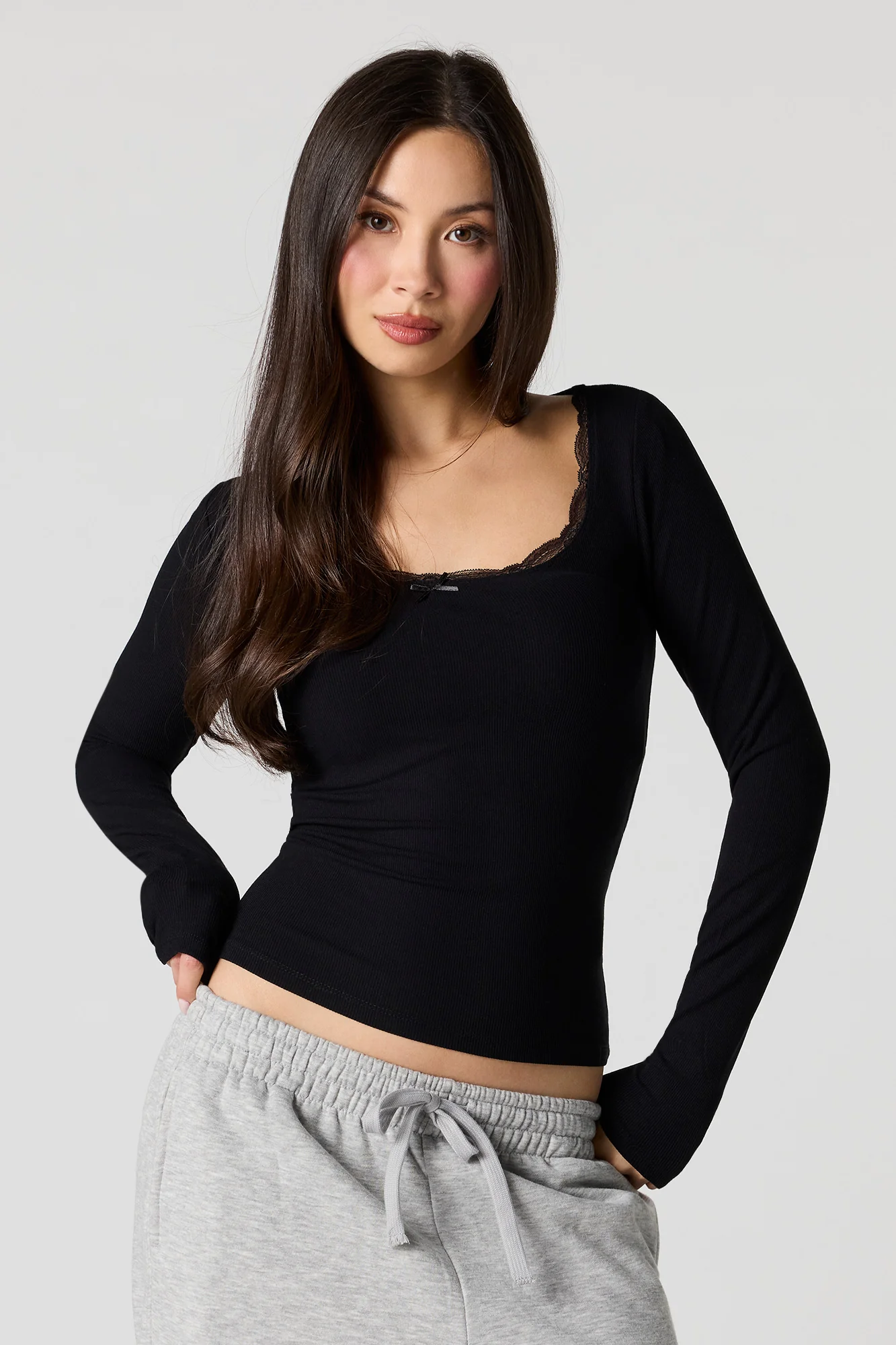 Ribbed Lace Scoop Neck Long Sleeve Top - Image 4