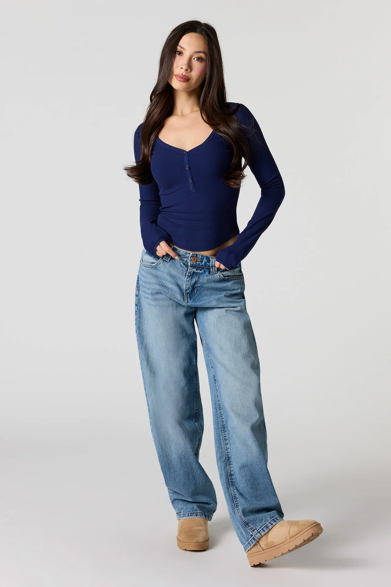 Ribbed V-Neck Henley Long Sleeve Top - Image 12