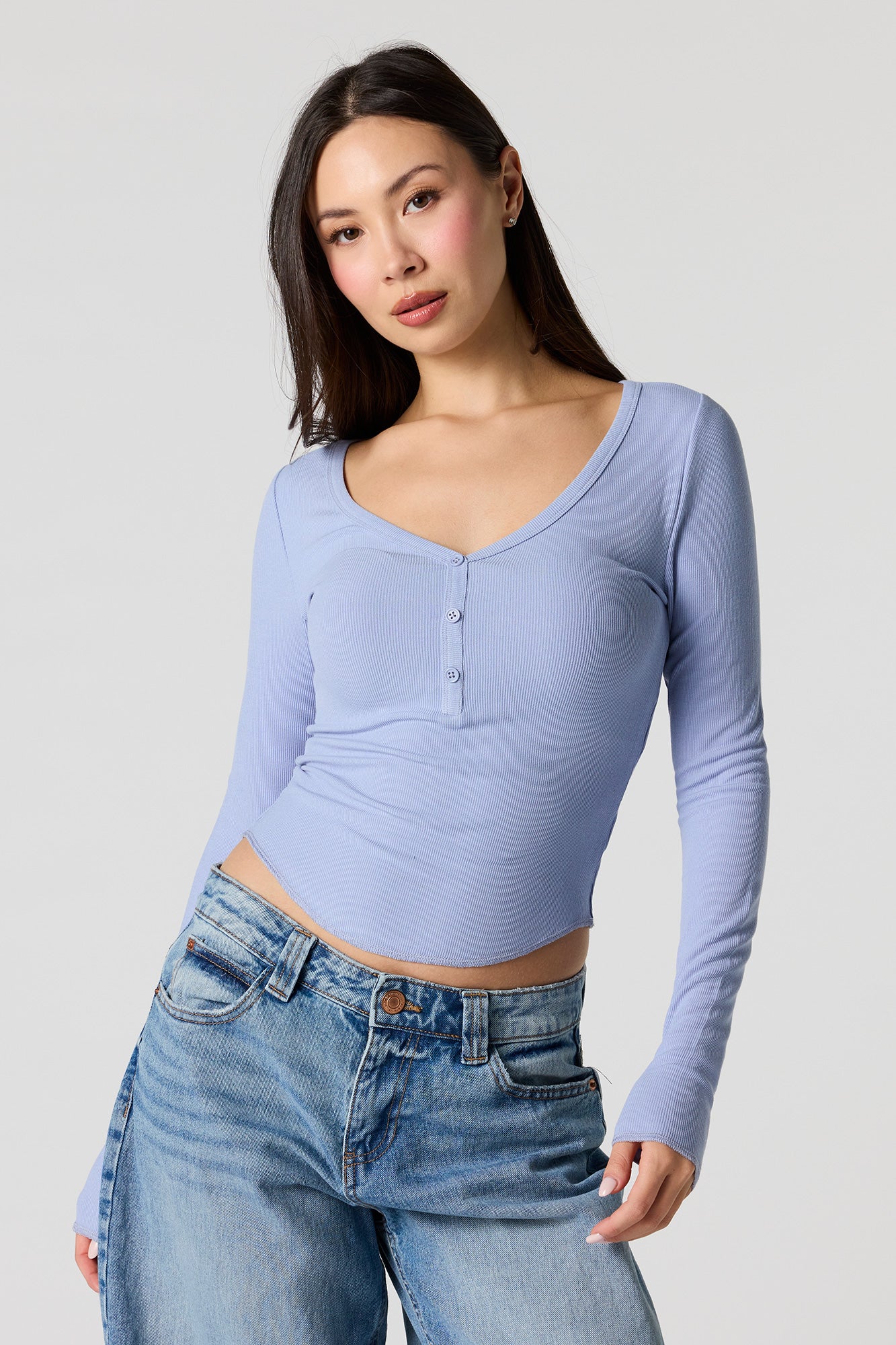 Ribbed V-Neck Henley Long Sleeve Top - Image 13