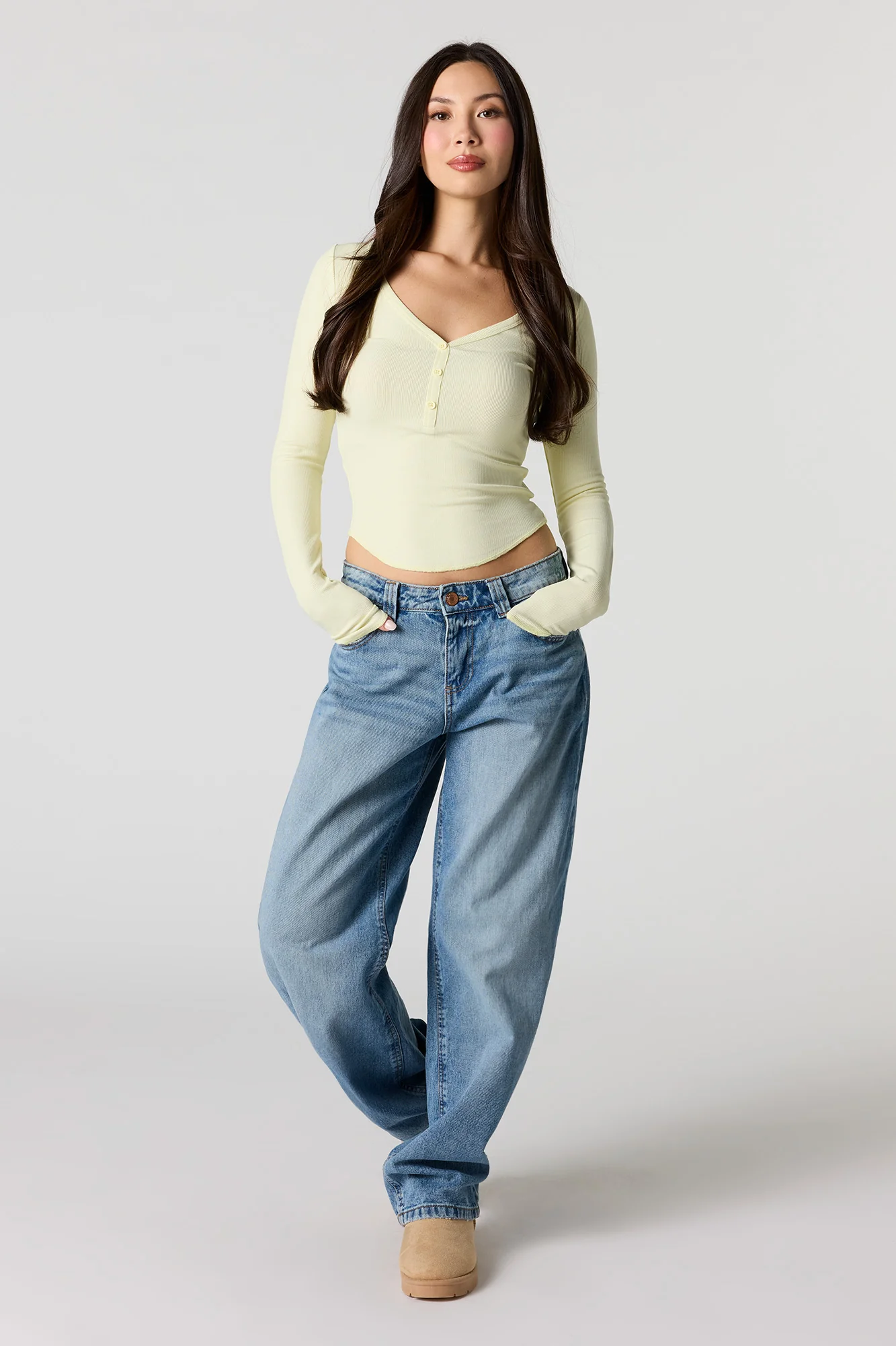 Ribbed V-Neck Henley Long Sleeve Top - Image 18