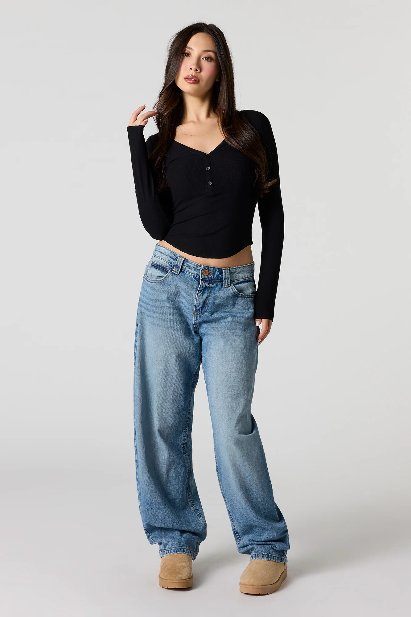 Ribbed V-Neck Henley Long Sleeve Top - Image 6