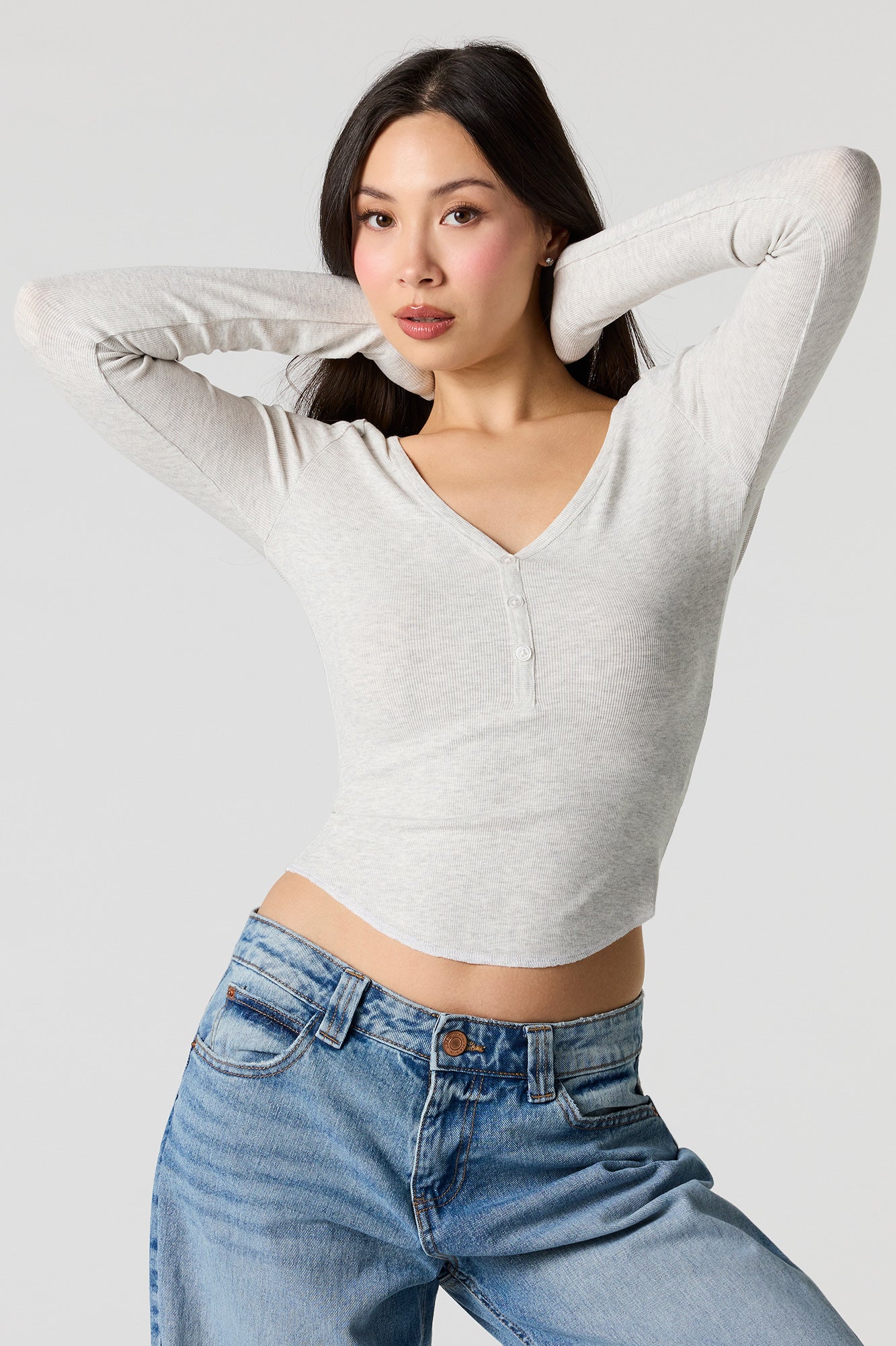 Ribbed V-Neck Henley Long Sleeve Top - Image 7
