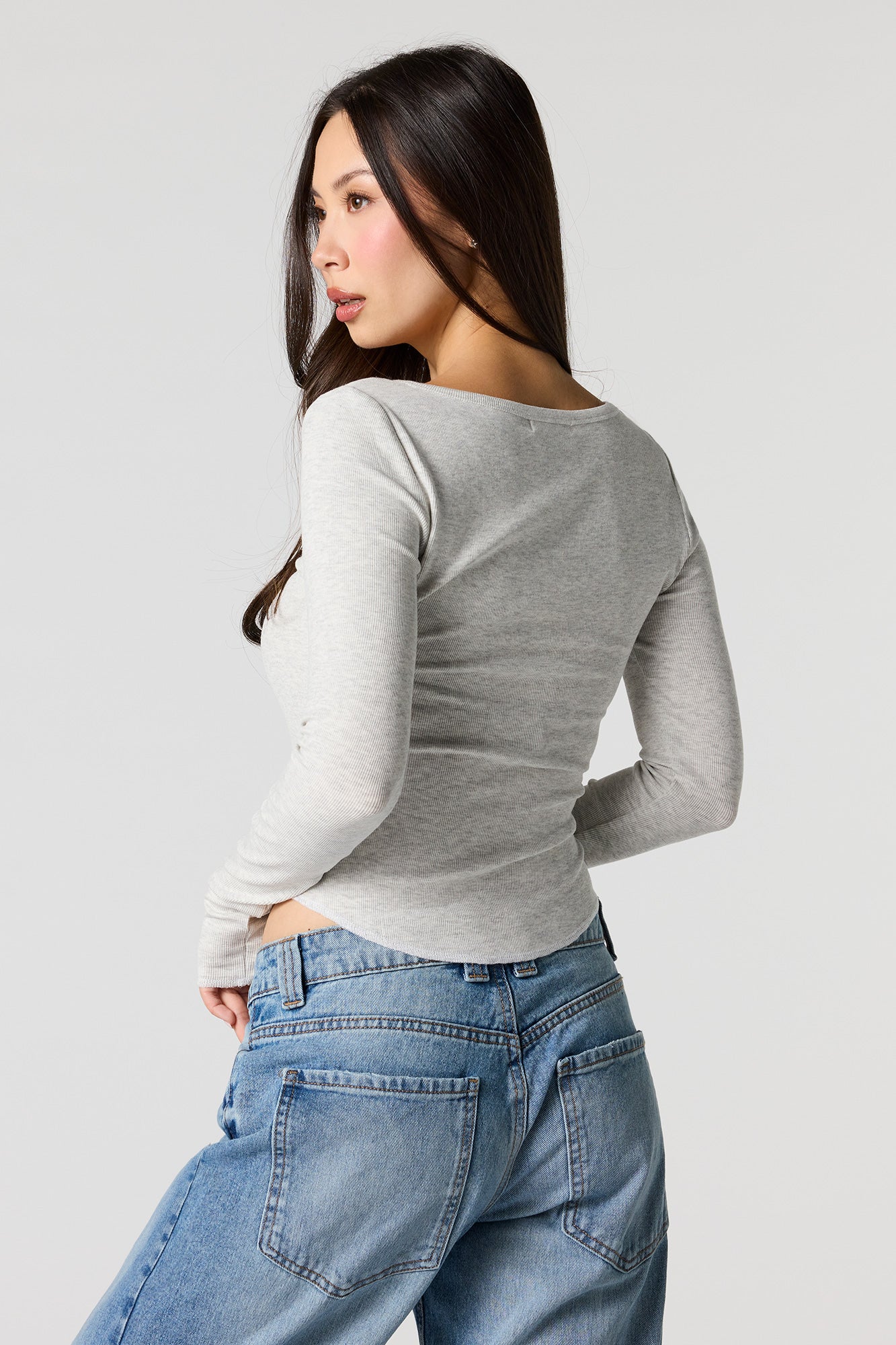 Ribbed V-Neck Henley Long Sleeve Top - Image 8