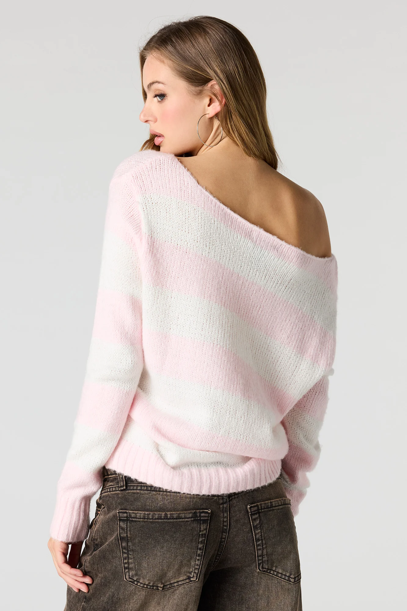 Striped Mossy Knit Off Shoulder Sweater - Image 2