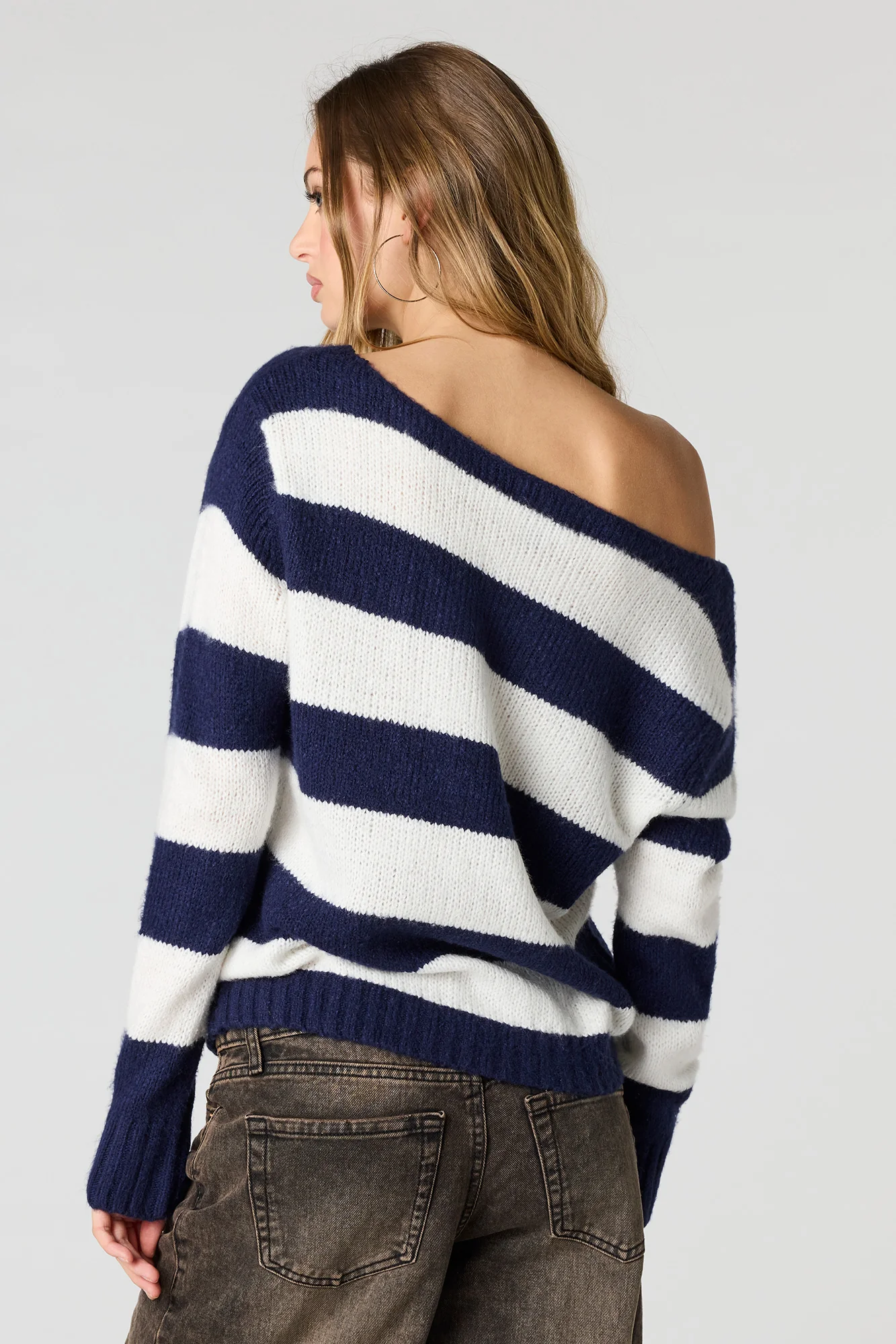Striped Mossy Knit Off Shoulder Sweater - Image 5