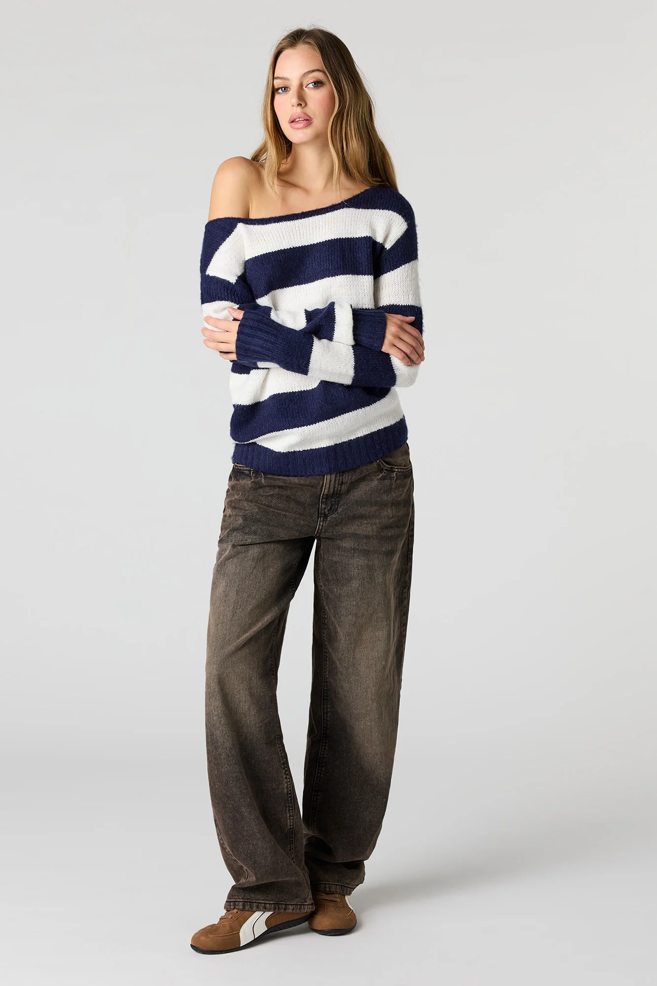 Striped Mossy Knit Off Shoulder Sweater - Image 6