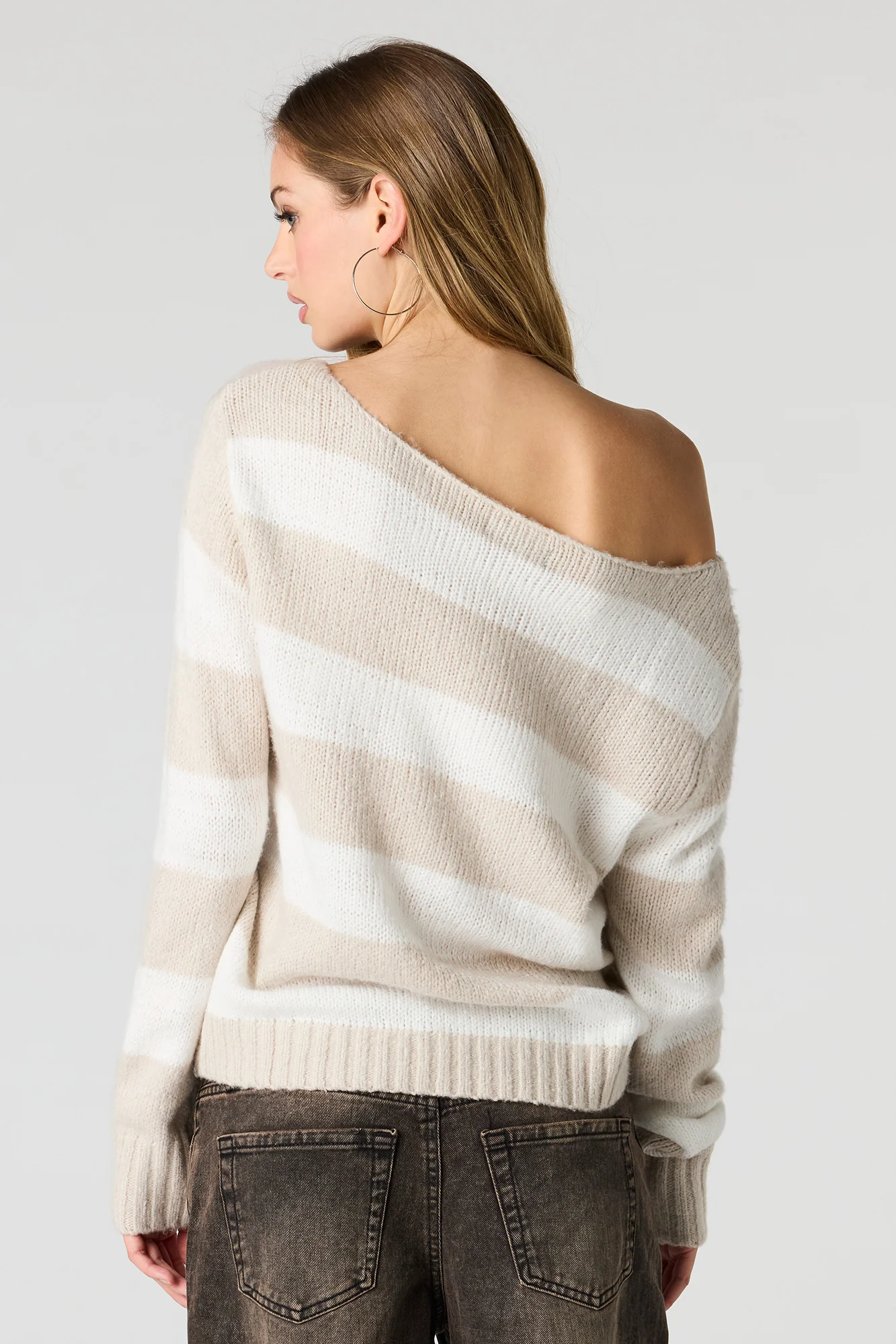 Striped Mossy Knit Off Shoulder Sweater - Image 8