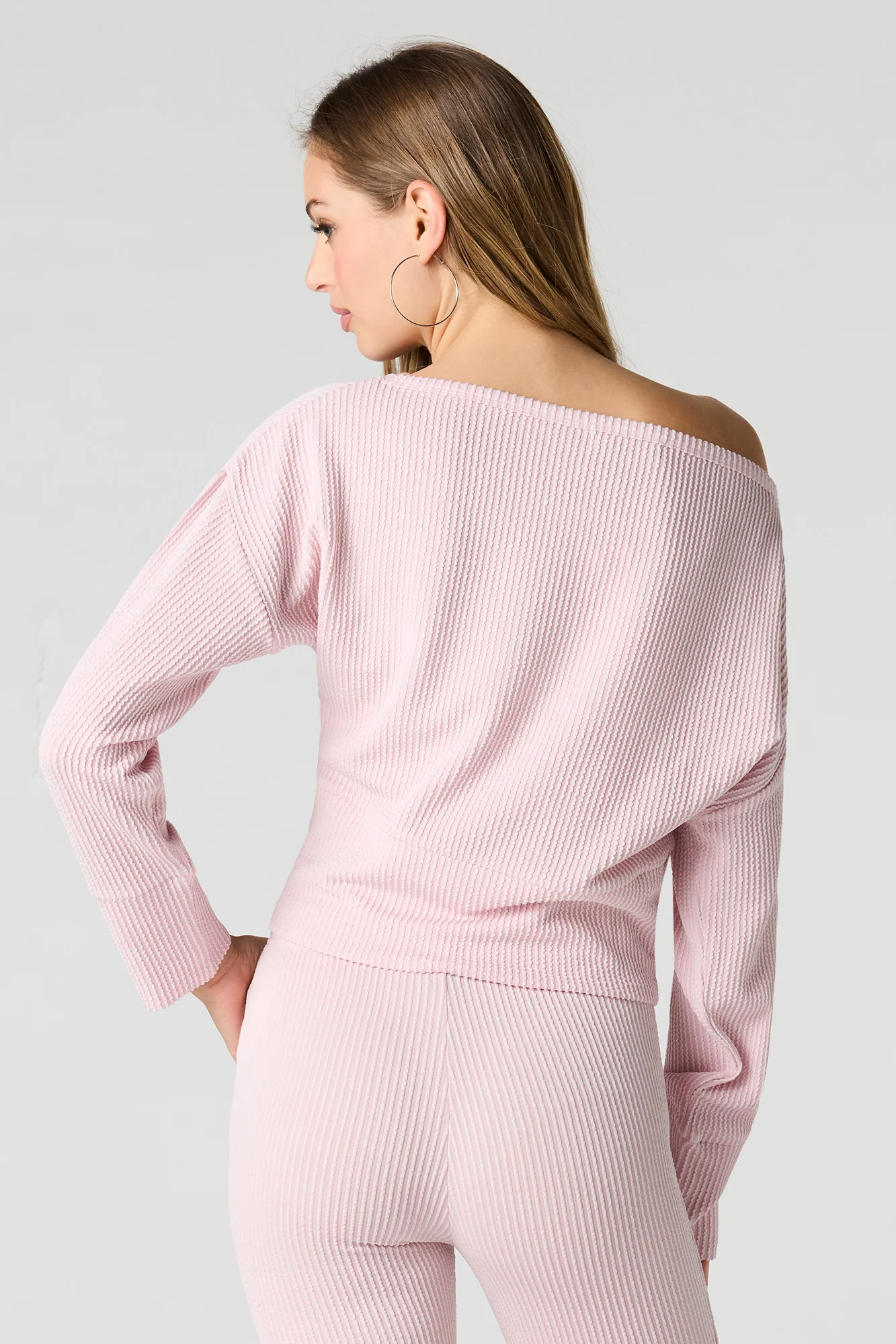 Ribbed Knit Off Shoulder Long Sleeve Top - Image 2