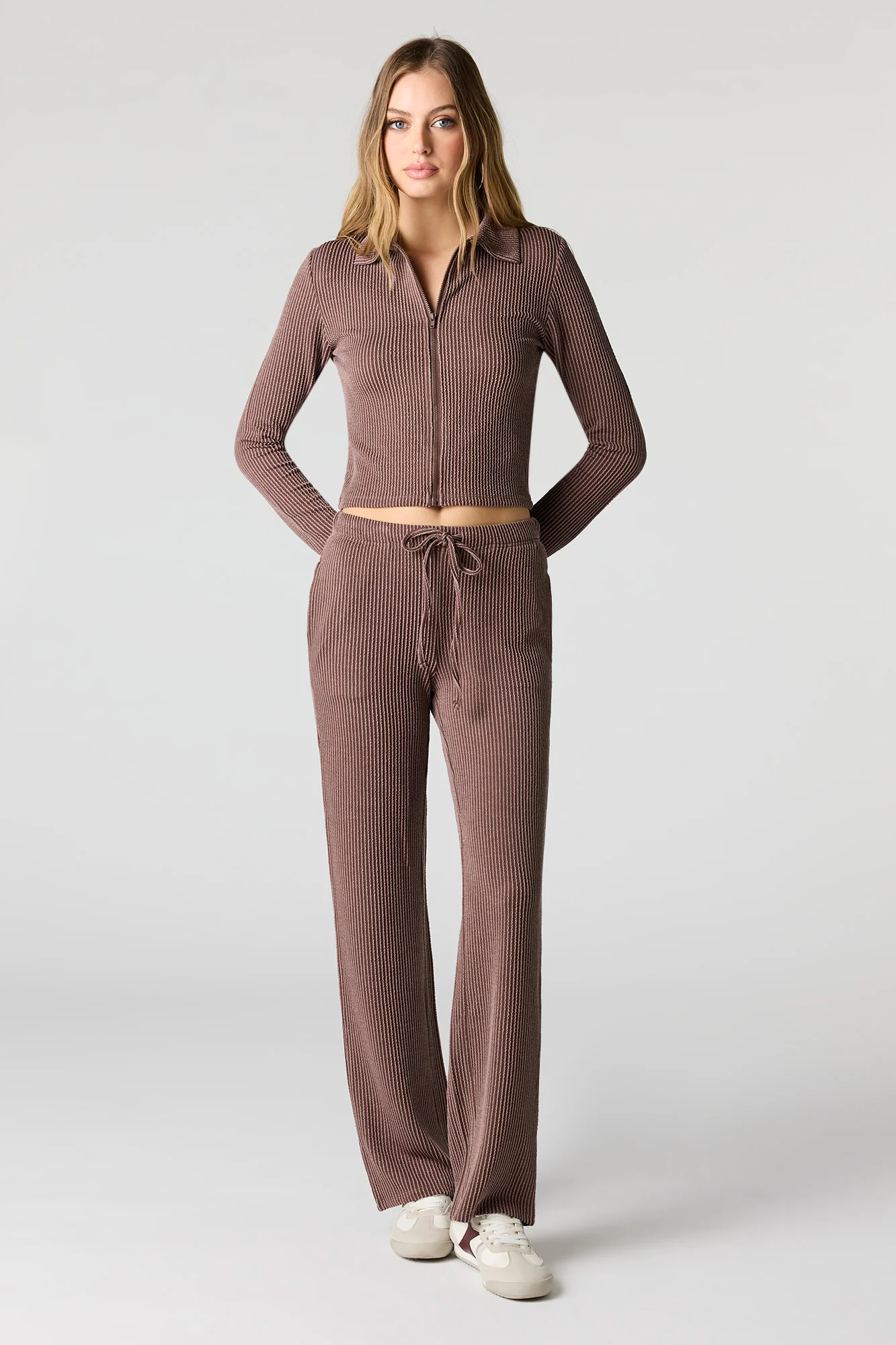 Ribbed Knit Long Sleeve Zip-Up Top - Image 3