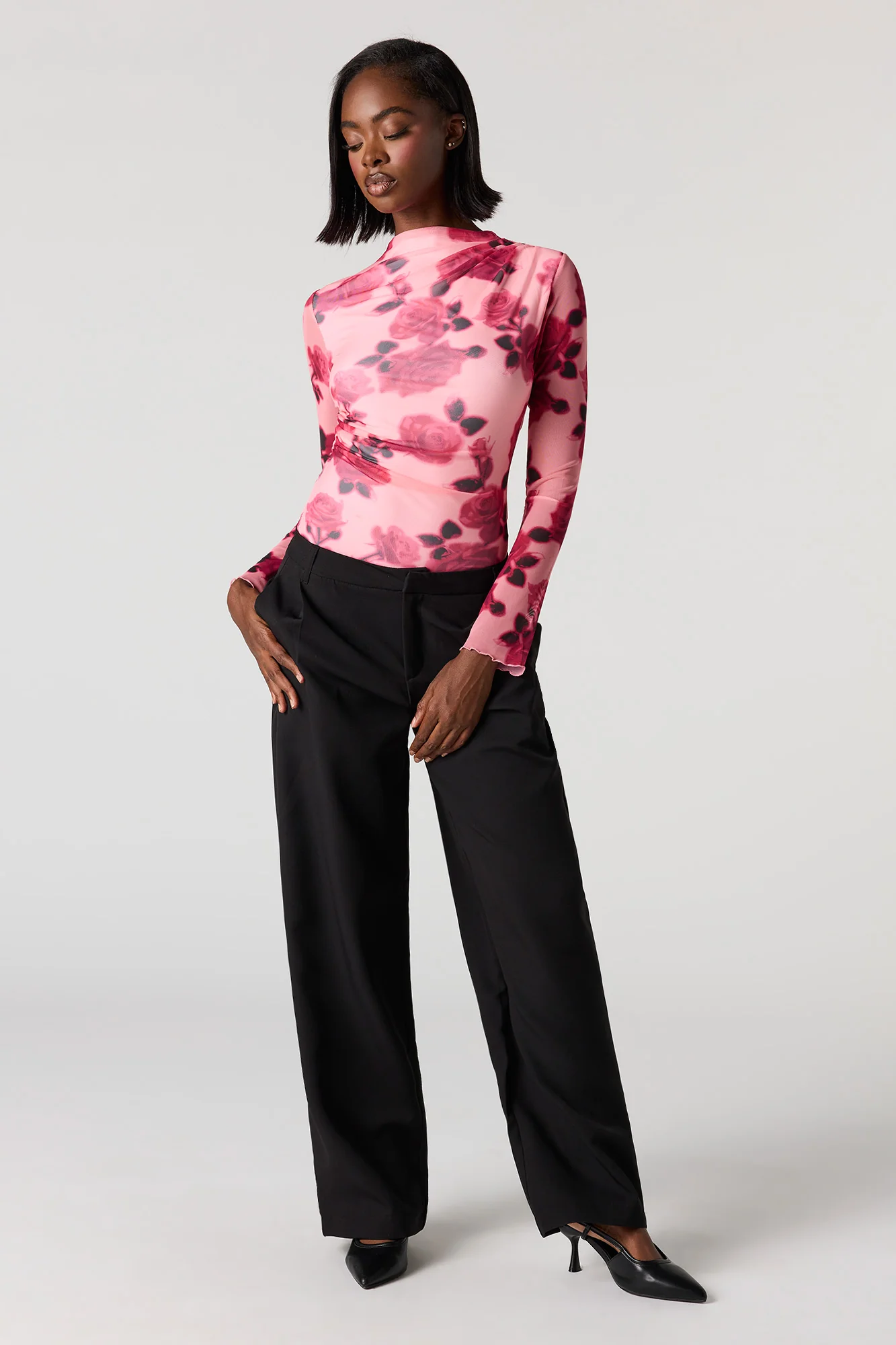 Floral Mesh Long Sleeve Cinched Bodysuit - Image 7