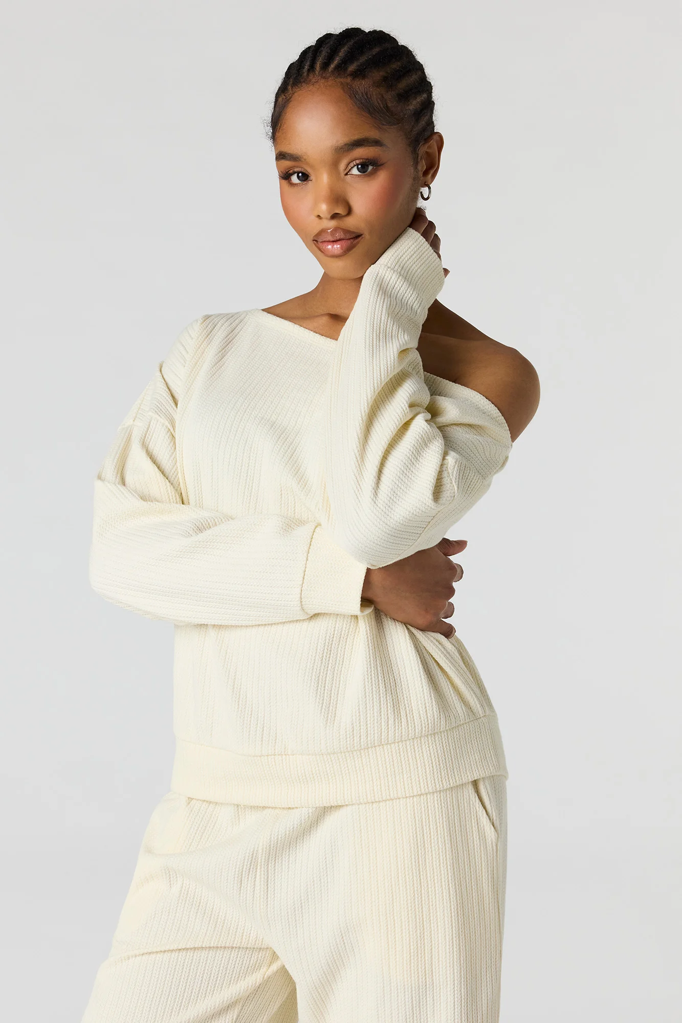 Ribbed Off Shoulder Long Sleeve Top