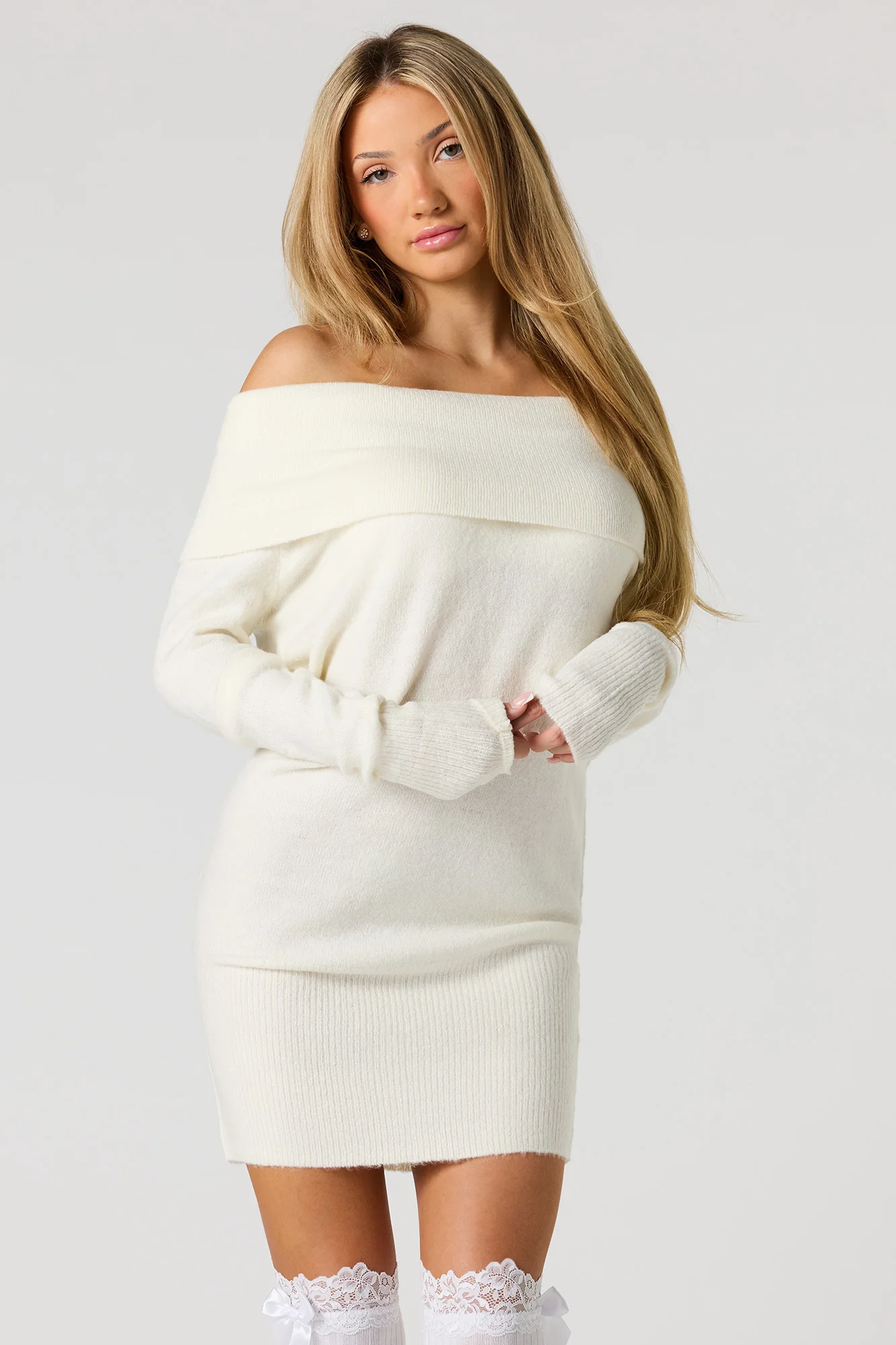 Mossy Knit Off Shoulder Sweater Mini Dress - Image 11