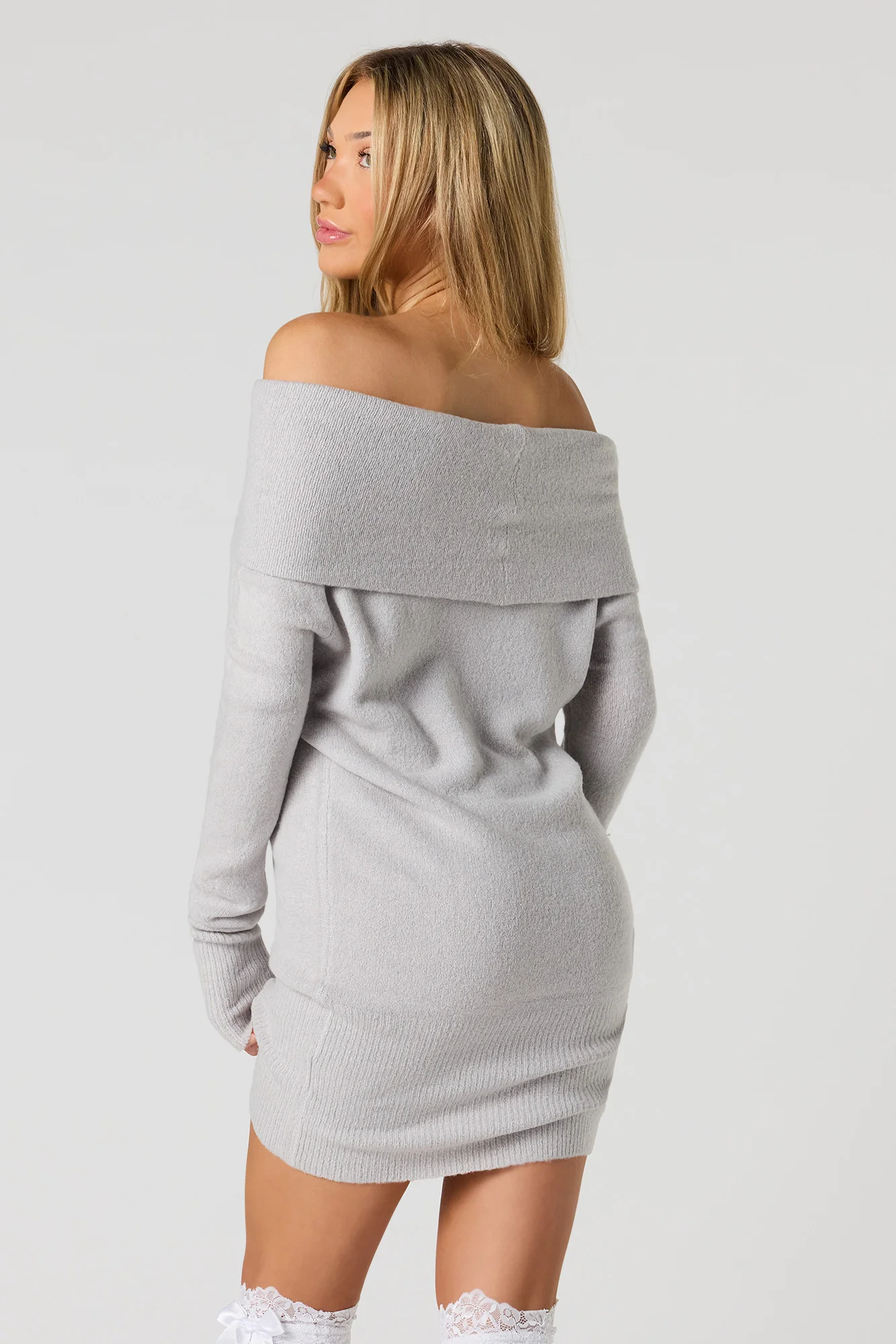 Mossy Knit Off Shoulder Sweater Mini Dress - Image 9