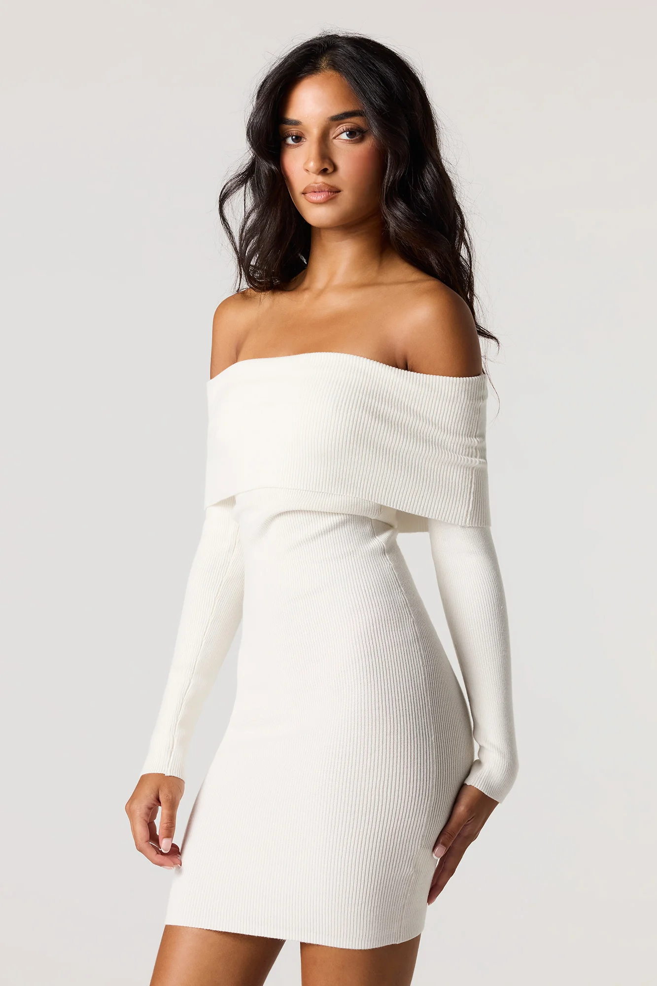 Off Shoulder Ribbed Long Sleeve Mini Dress - Image 2