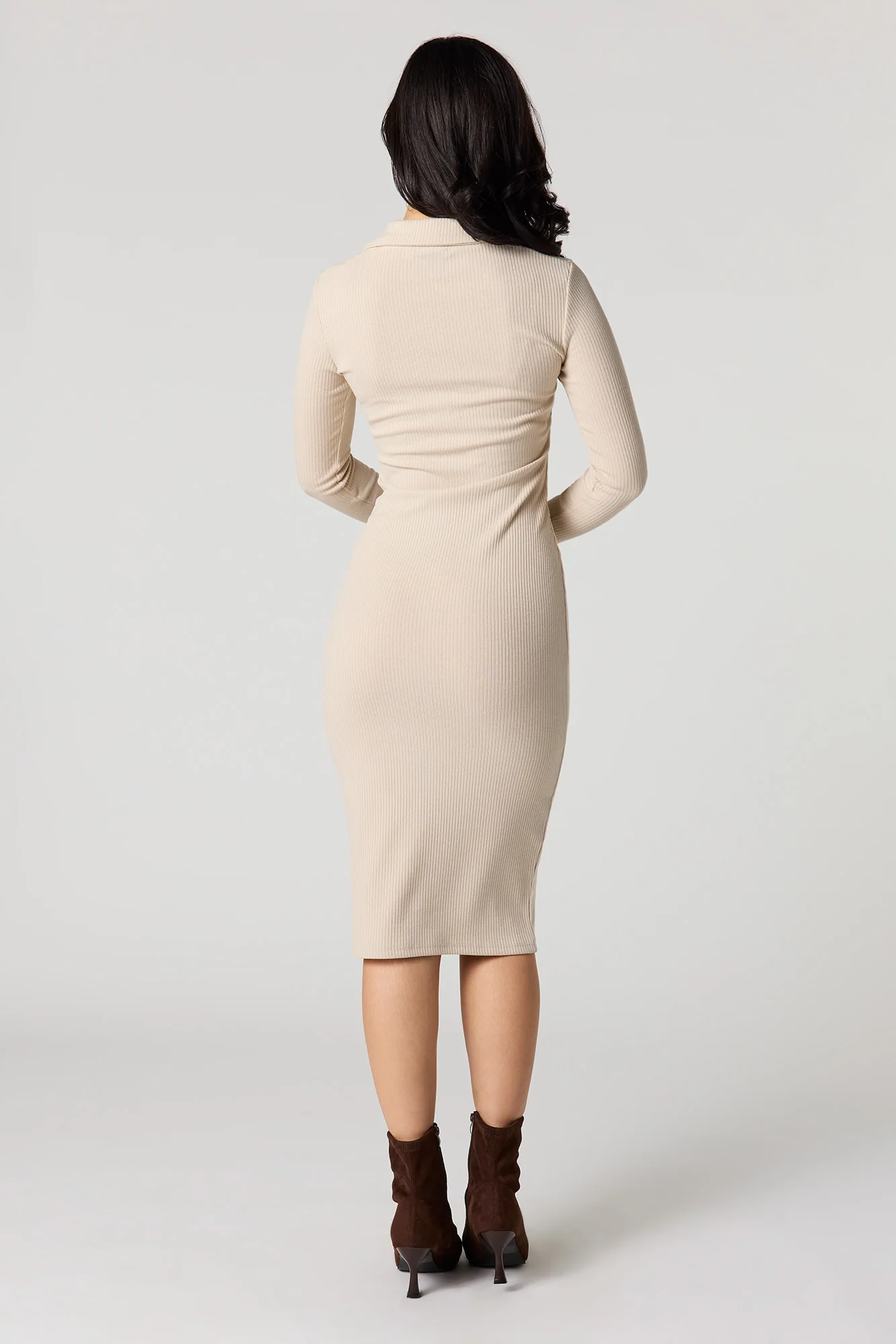 Ribbed Knit Collared Long Sleeve Dress - Image 3