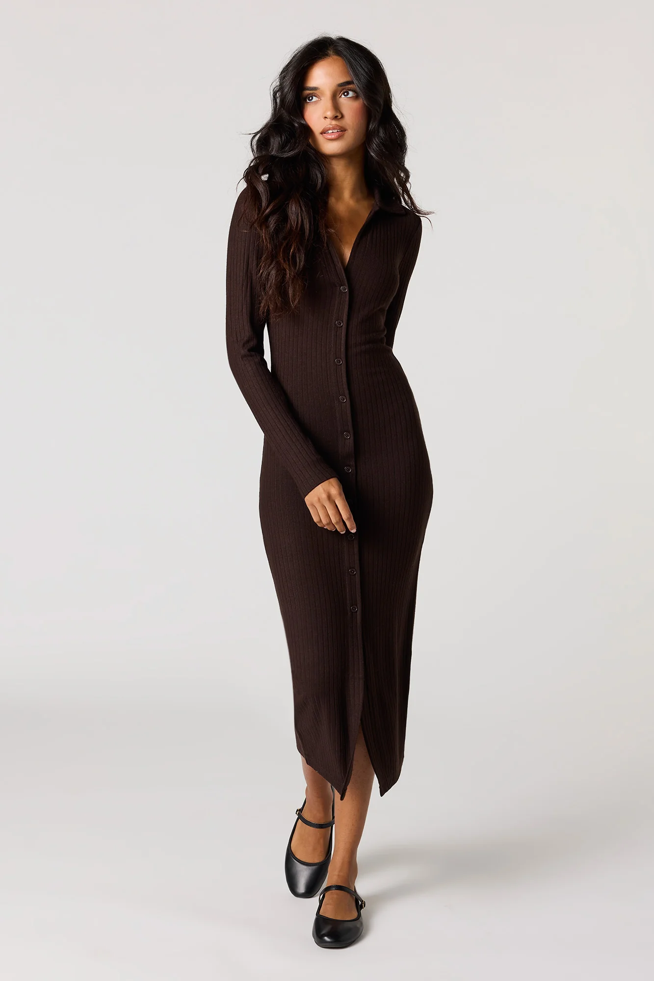 Ribbed Button-Up Collared Midi Dress - Image 10