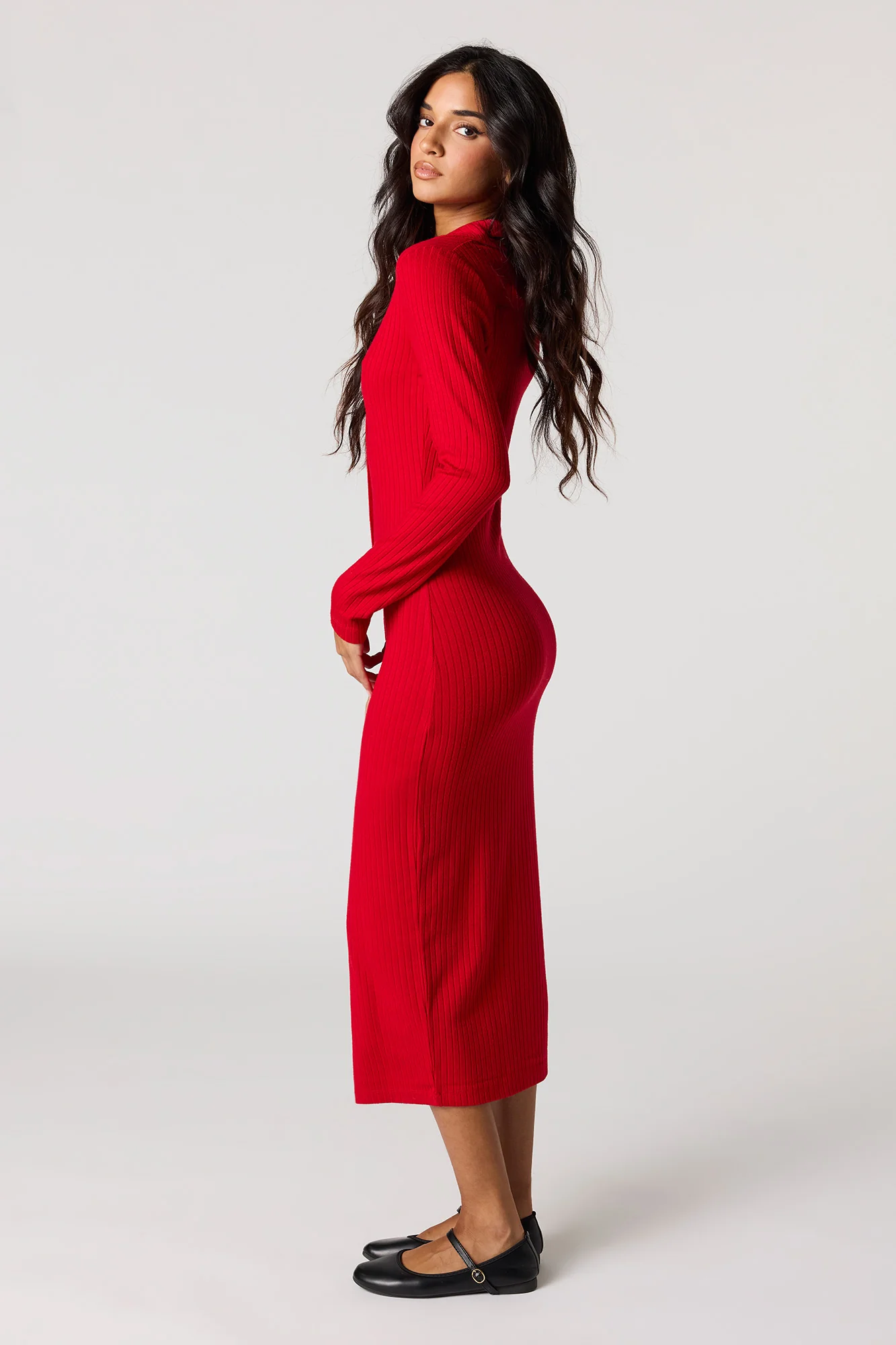 Ribbed Button-Up Collared Midi Dress - Image 5