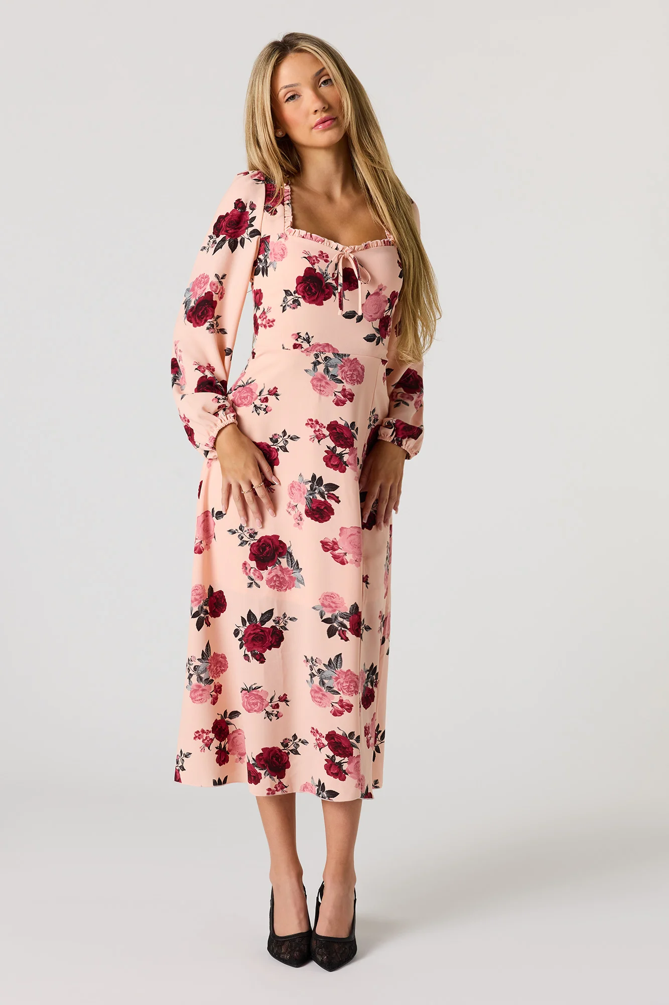 Floral Printed Long Sleeve Midi Dress - Image 10