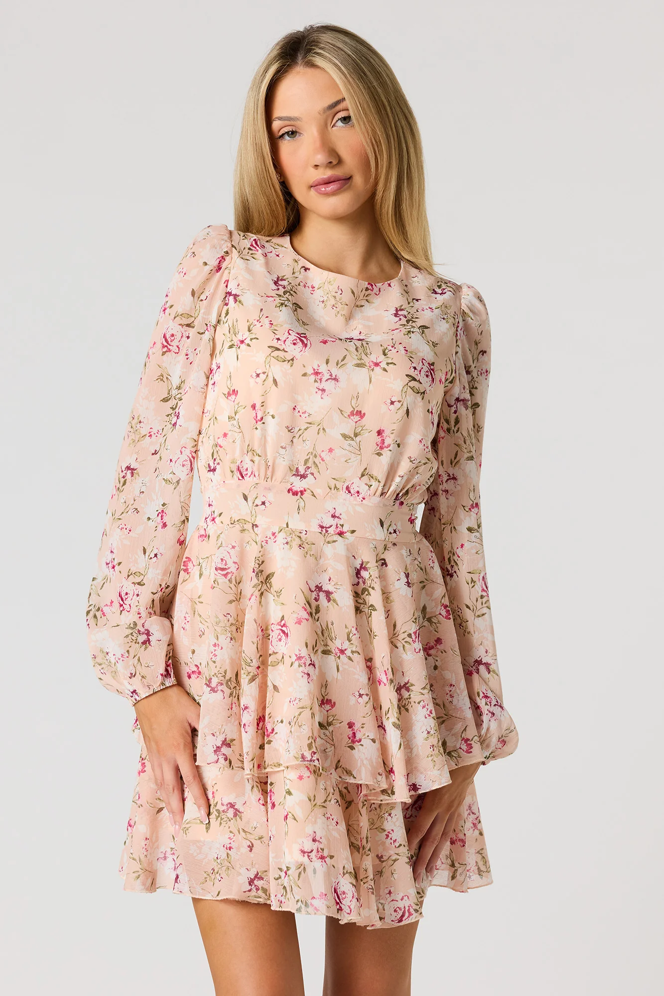 Chiffon Tiered Long Sleeve Mini Dress - Image 7