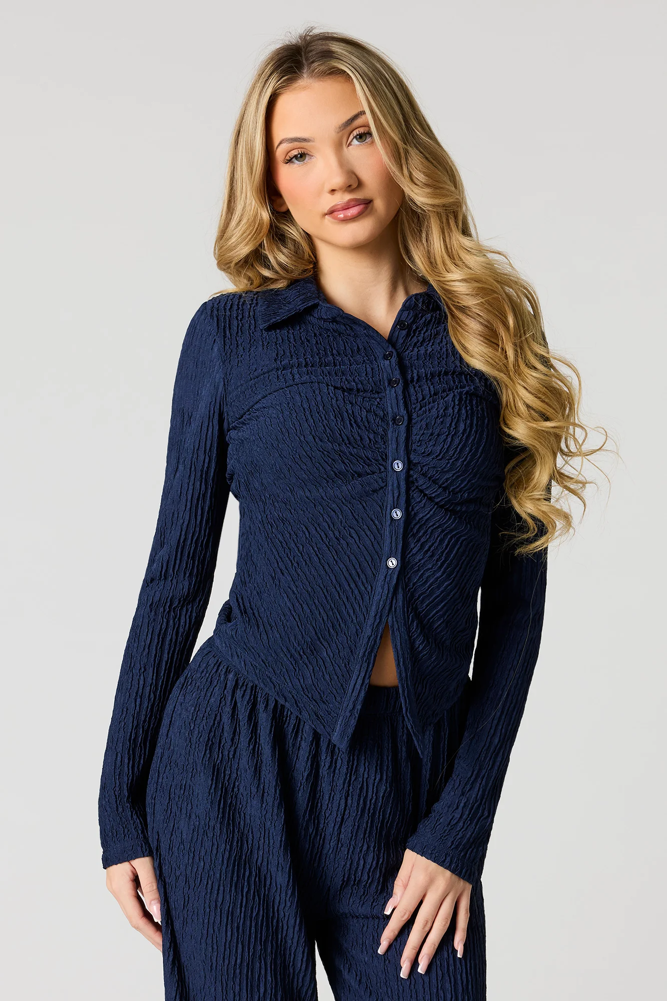 Textured Long Sleeve Button-Up Top - Image 10