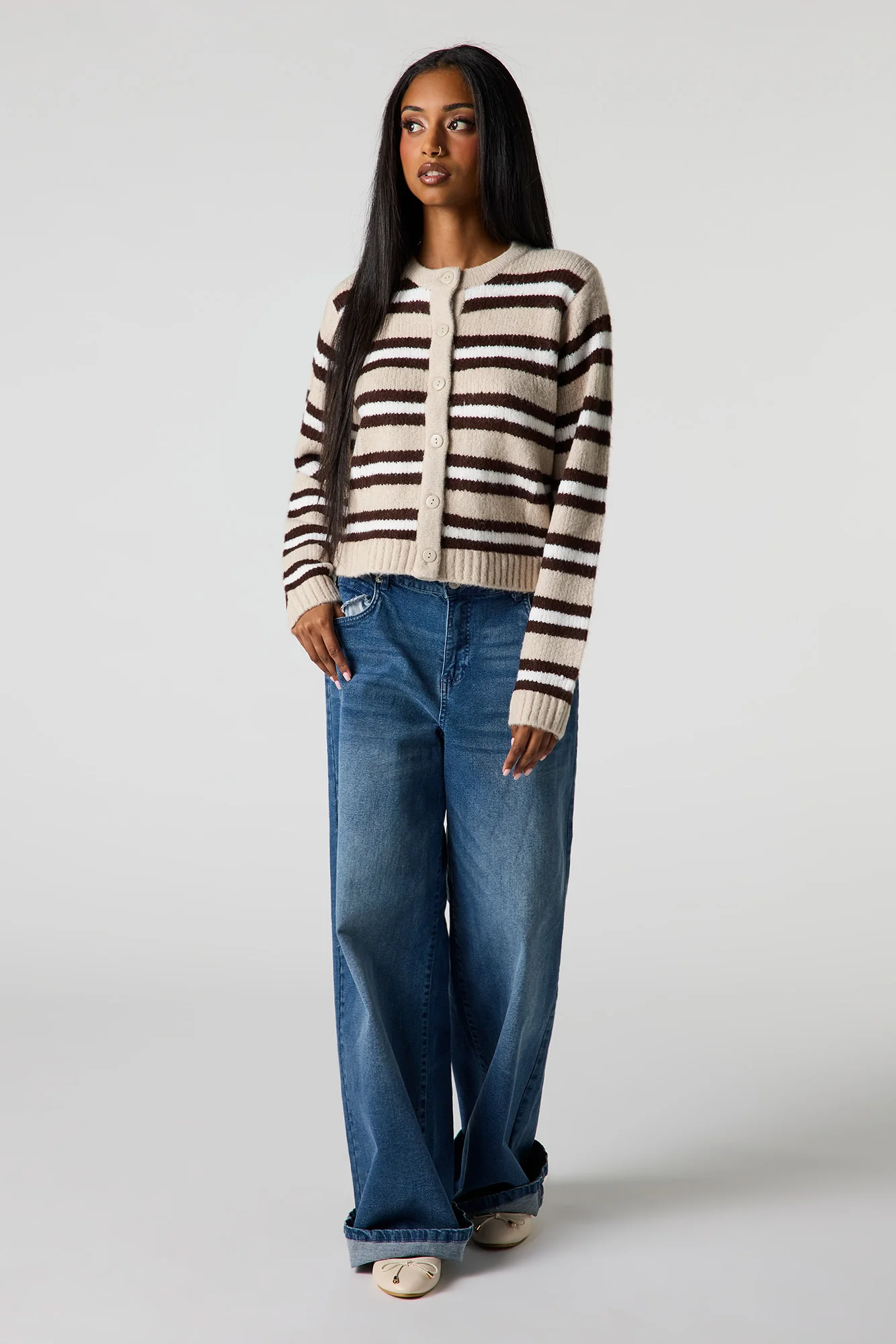 Striped Mossy Knit Button-Up Cardigan - Image 12