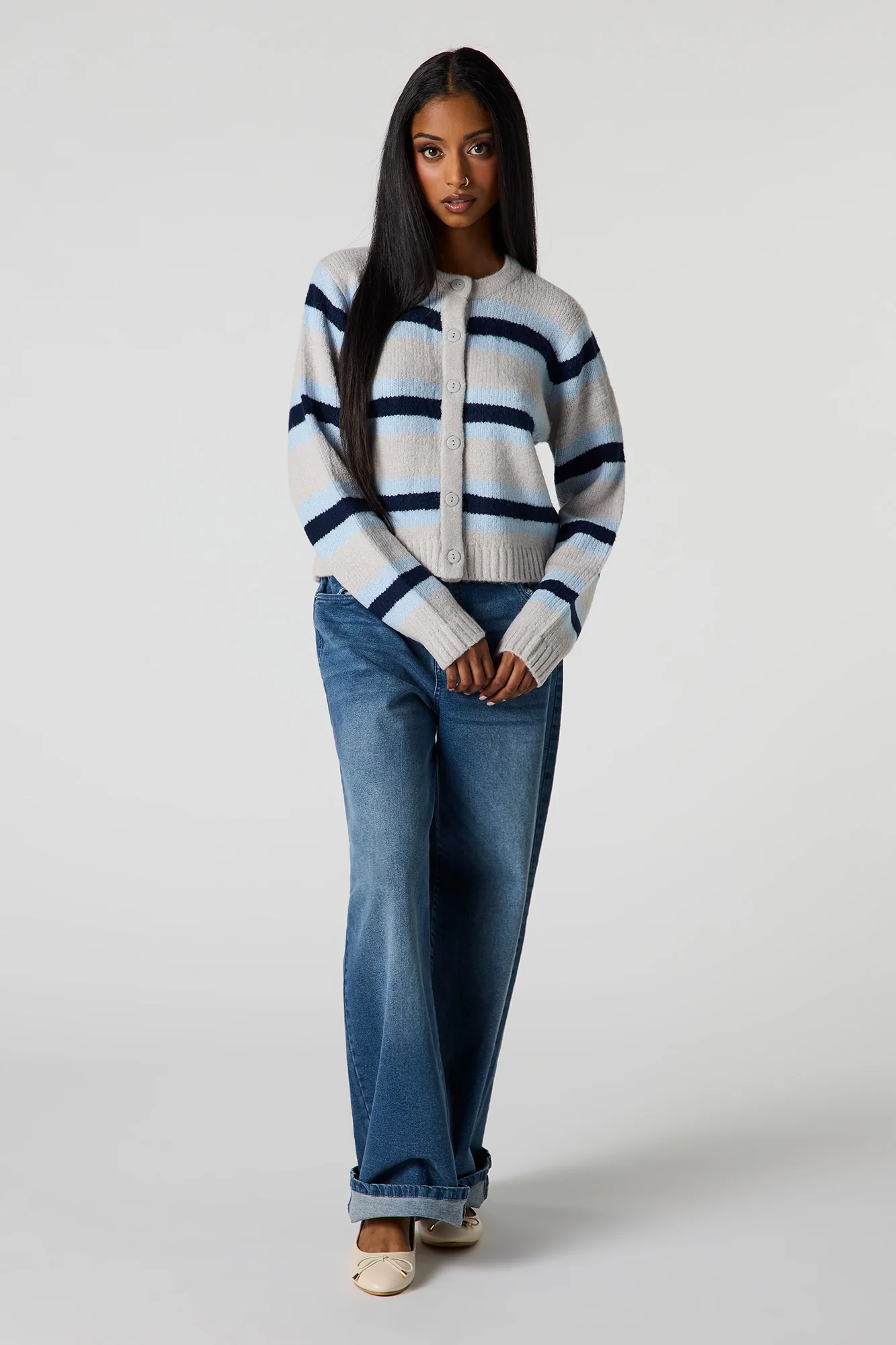 Striped Mossy Knit Button-Up Cardigan - Image 3