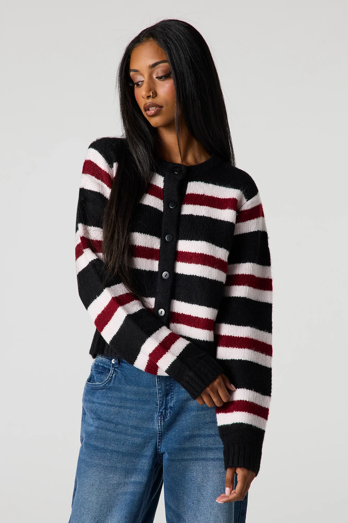 Striped Mossy Knit Button-Up Cardigan - Image 4
