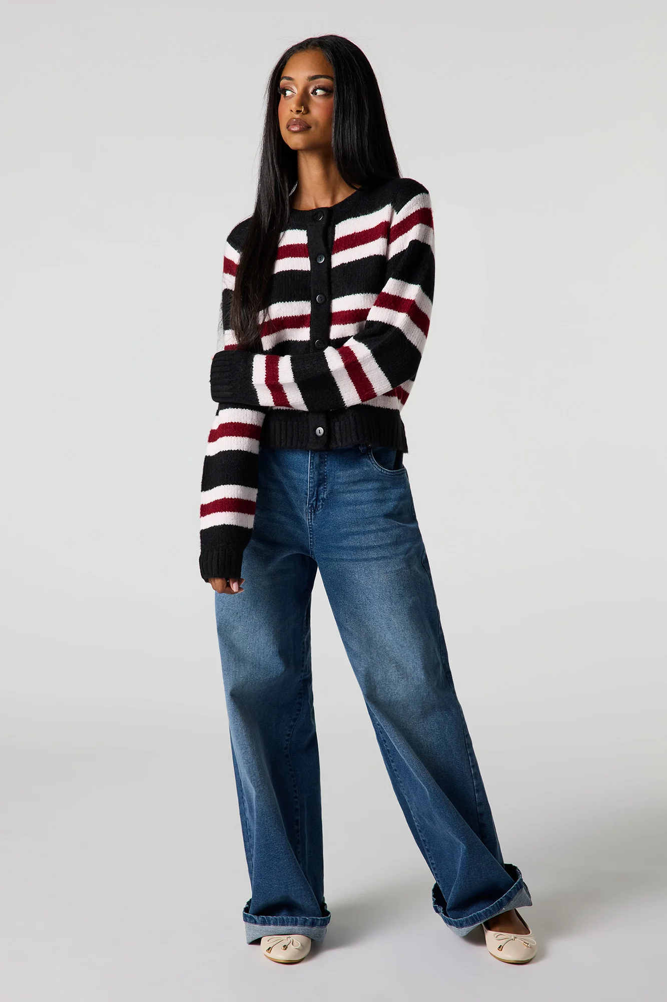 Striped Mossy Knit Button-Up Cardigan - Image 6