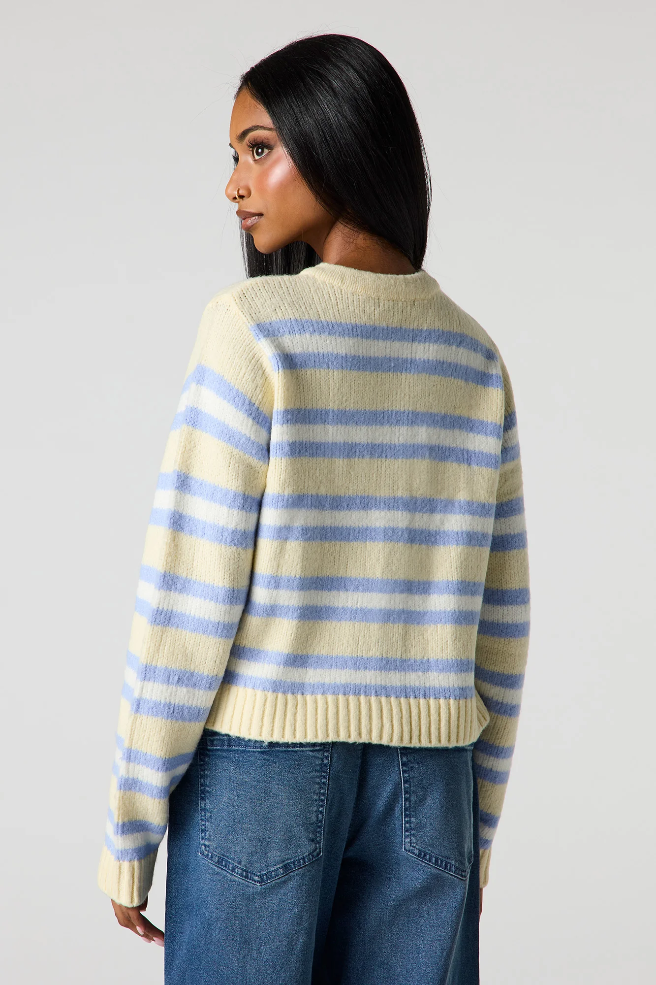 Striped Mossy Knit Button-Up Cardigan - Image 8