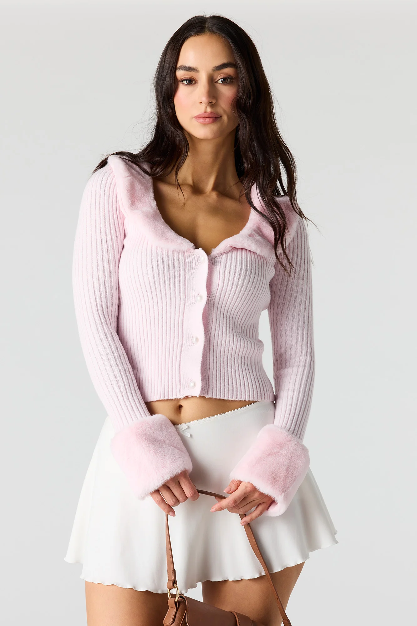 Faux Fur Trim Button-Up Sweater