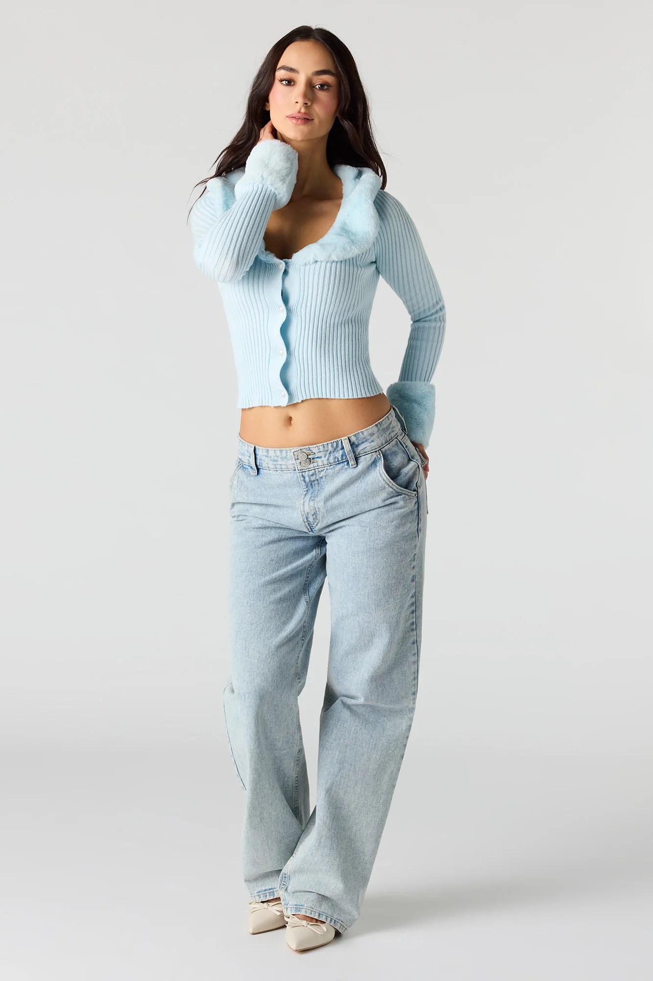 Faux Fur Trim Button-Up Sweater - Image 12