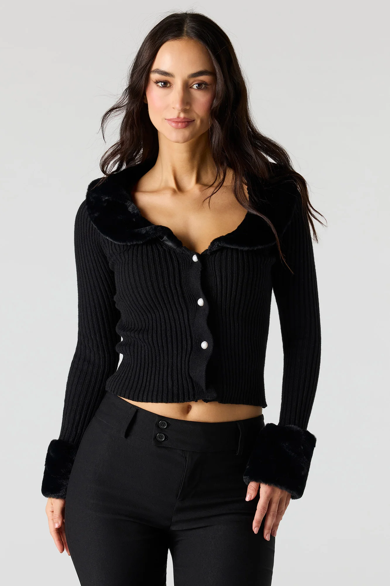 Faux Fur Trim Button-Up Sweater - Image 4
