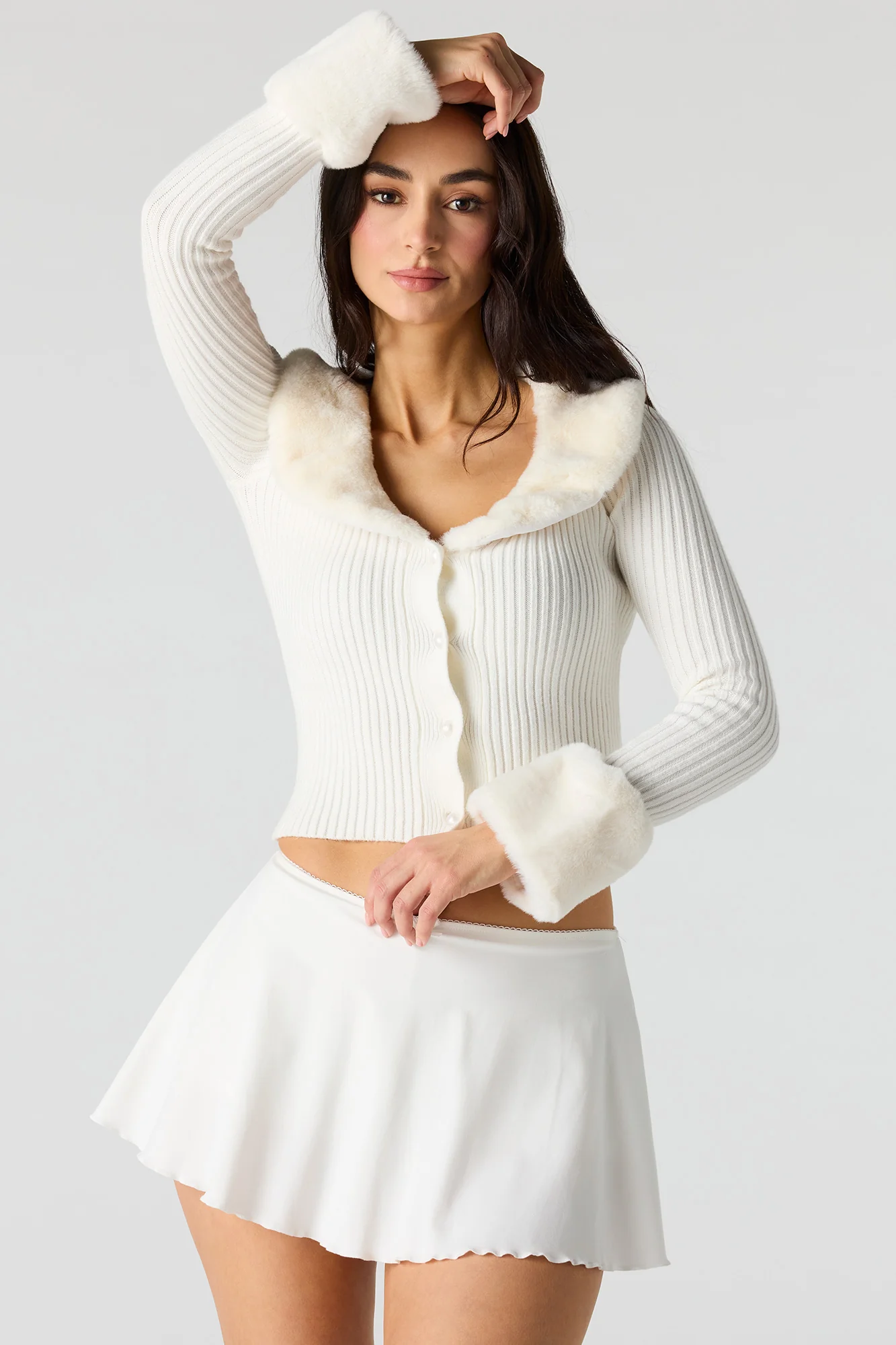 Faux Fur Trim Button-Up Sweater - Image 7