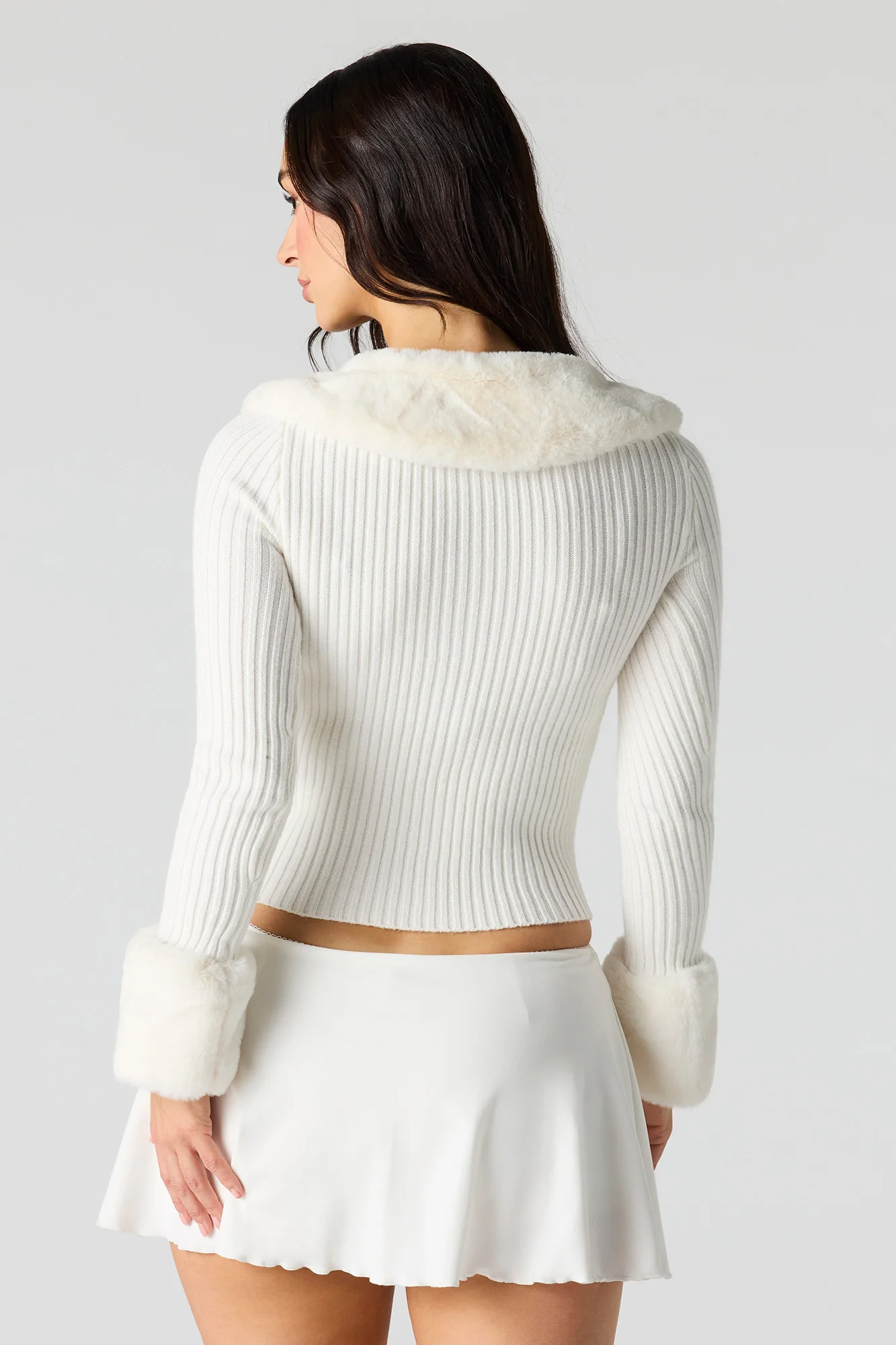 Faux Fur Trim Button-Up Sweater - Image 8