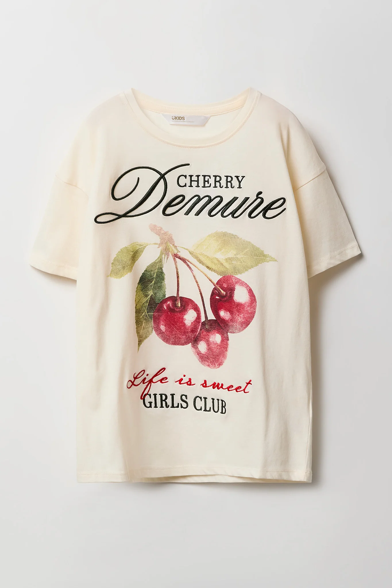 Girls Luxe Heavy Cotton Cherry Embroidered Oversized T-Shirt